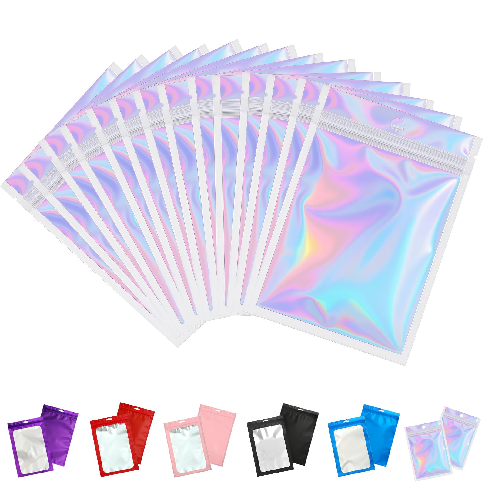 50 PCS Holographic Mylar Bags 12 x 20 cm, Resealable Smell Proof Food Storage Pouches, Heat Seal Foil Zip Lock Bags for Cookies, Snacks, Tea, Gifts and Small Packaging Bag