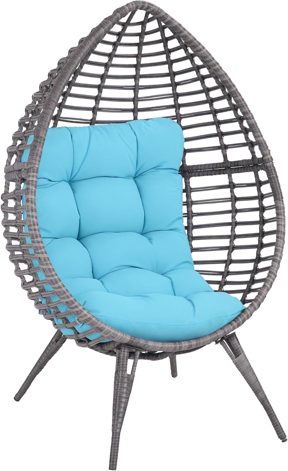 Outsunny Patio Wicker Egg Chair w/Soft Cushion, Teardrop Cuddle Seat, Outdoor/Indoor Patio Chair, PE Plastic Rattan Furniture with Adjustable Height Feet Pads, Light Blue