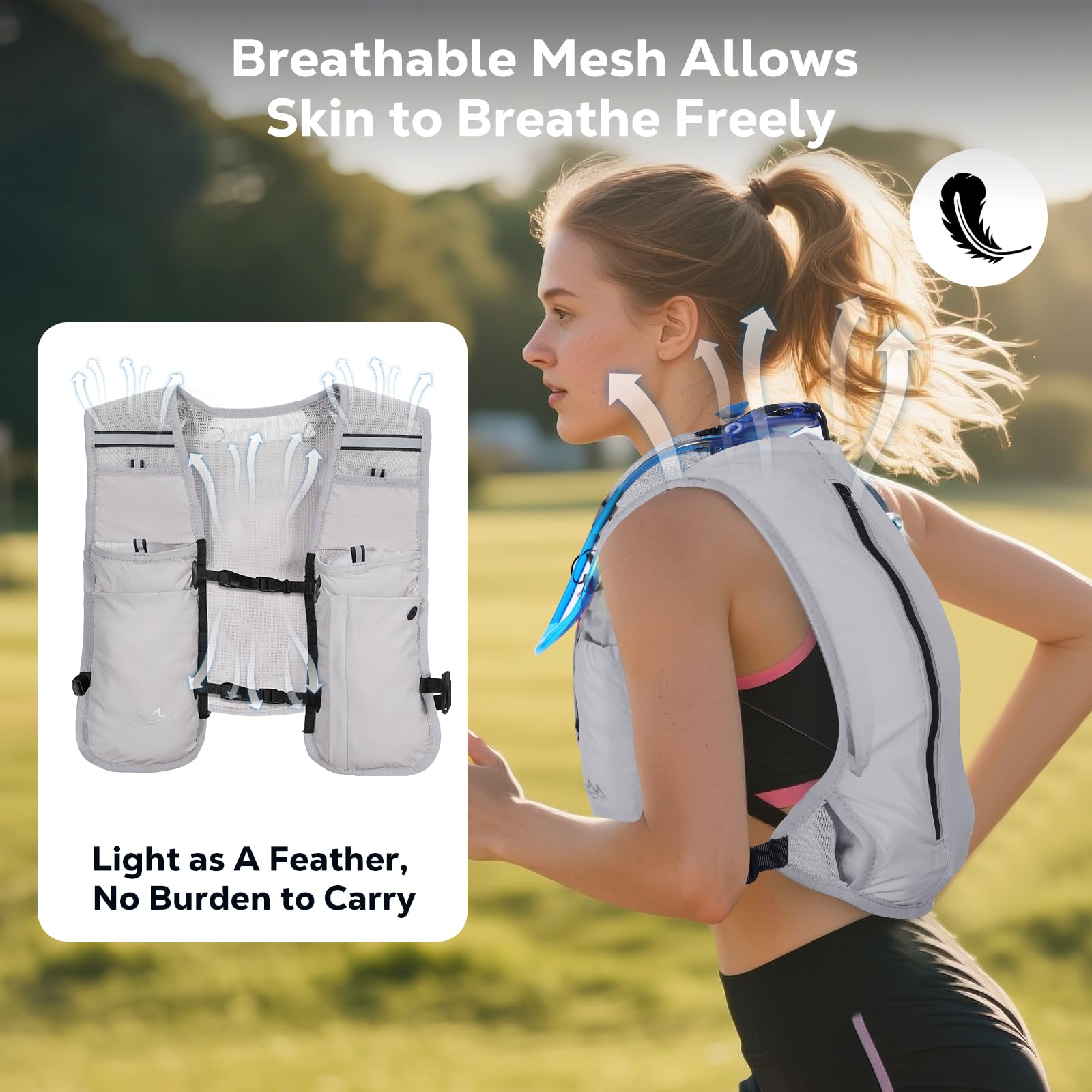 MoKo Running Hydration Vest, zaino da corsa leggero con vescica d'acqua da 1,5L, zaino da corsa traspirante regolabile