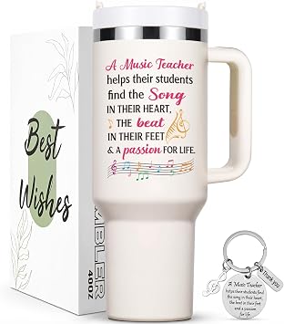 Qtencas Music Teacher Gifts, 40oz Tumbler with Key Chain, Birthday Music Teacher Appreciation Gifts for Women, Creamy