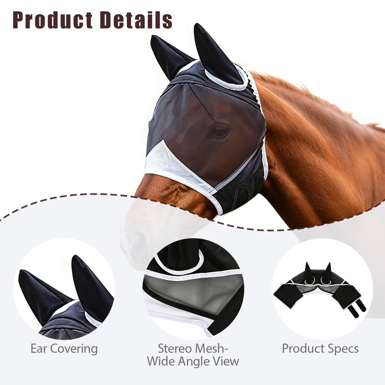 Masque Anti-Mouches Noir pour Chevaux Protection UV Respirant (L)