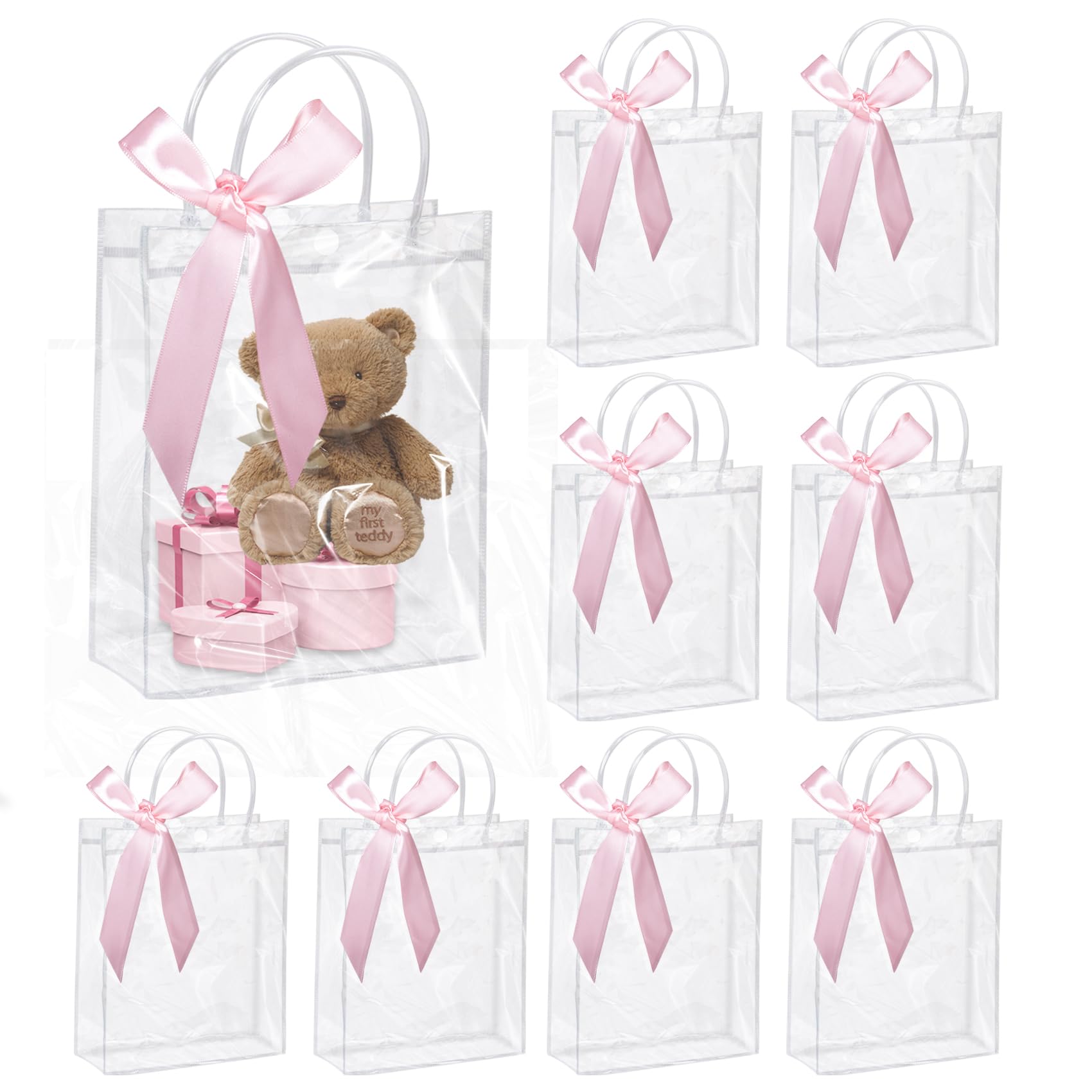 8 Stück durchsichtige Geschenktüten mit Henkel, 23× 17× 7cm kleine Partytüten mit Schleifen, transparente Geschenktüten für Hochzeit, Geburtstag(Rosa Schleifen)