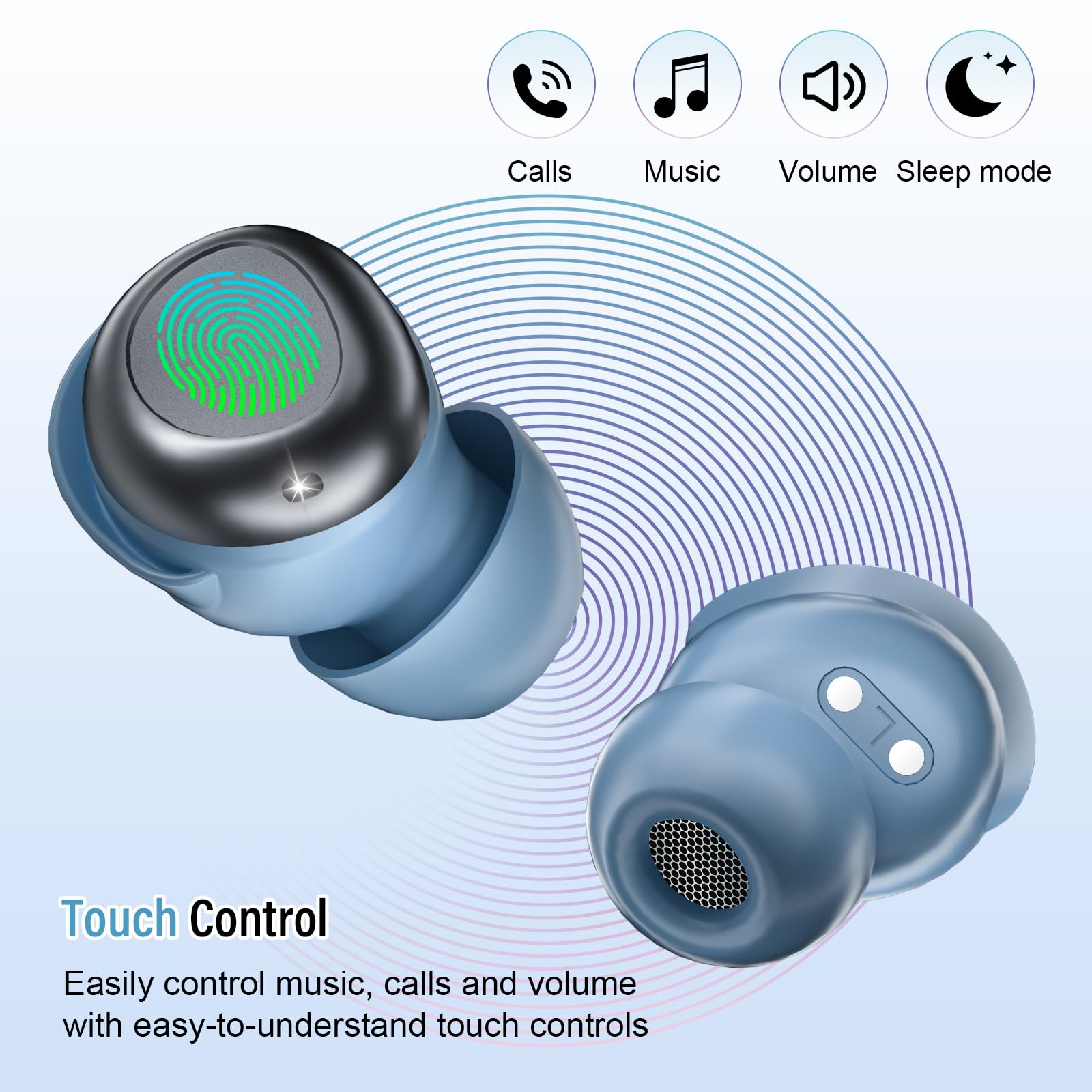 Auriculares para dormir Bluetooth de 5.4 pulgadas, ligeros, diseño pequeño para dormir de lado, tiempo de reproducción de 47 horas con funda de carga, auriculares de llamadas claras, azul