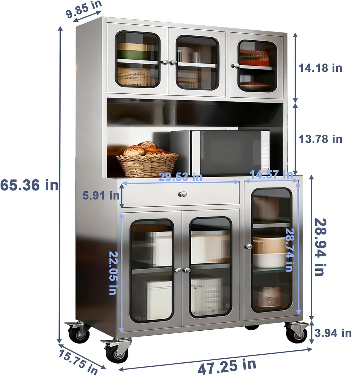 65" Stainless Steel Kitchen Pantry Cabinet with Wheels, Heavy-duty Kitchen Hutch, Industrial Storage Cabinet with Microwave Stand, 1 Drawer and Adjustable Shelves for Dining Room Restaurant Garage