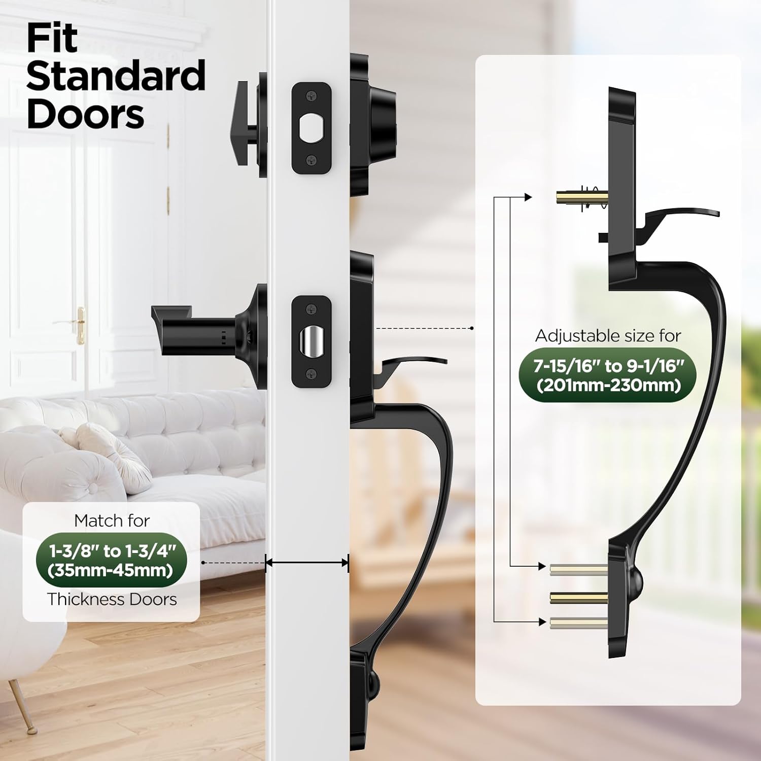 Black Front Door Handle and Deadbolt Set, Classic Lock With Matte Exterior Lever, Reversible Entry for Right & Left Handed