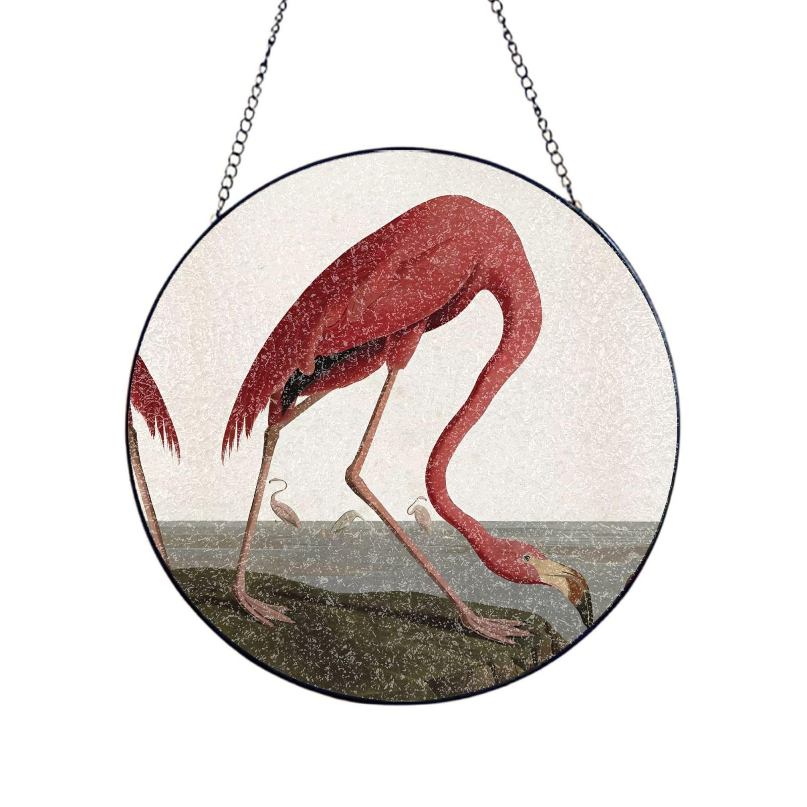 Phayah American Flamingo Print Glass Window Hanging Round Suncatcher Glass Ornament Garden Wall Fence Decorations Indoor Outdoor 12in（30cm）