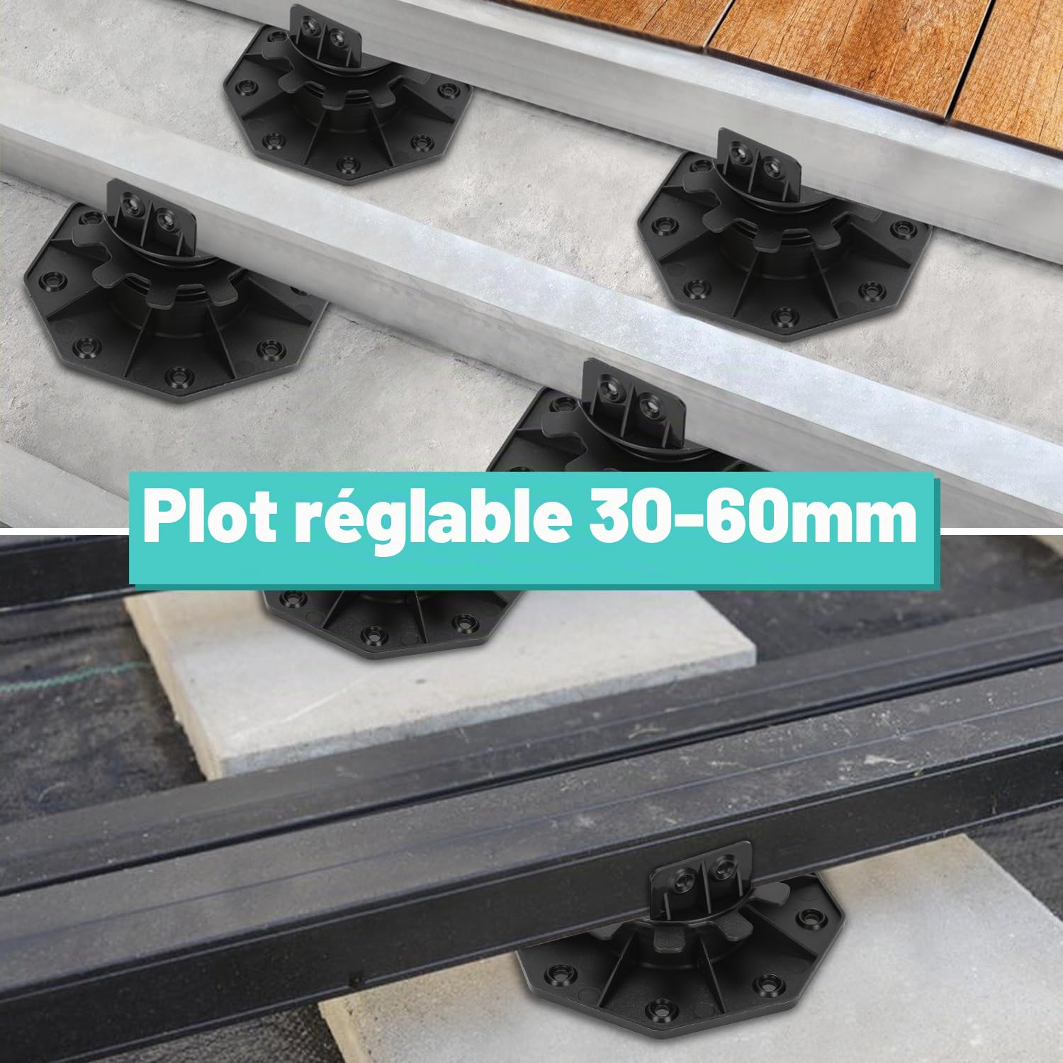 Lot de 100 paliers de sol réglables en hauteur, 30-60 mm - Pieds de terrasse, plots pour dalles de terrasse - Pour sous-structure de terrasse, WPC, pieds réglables