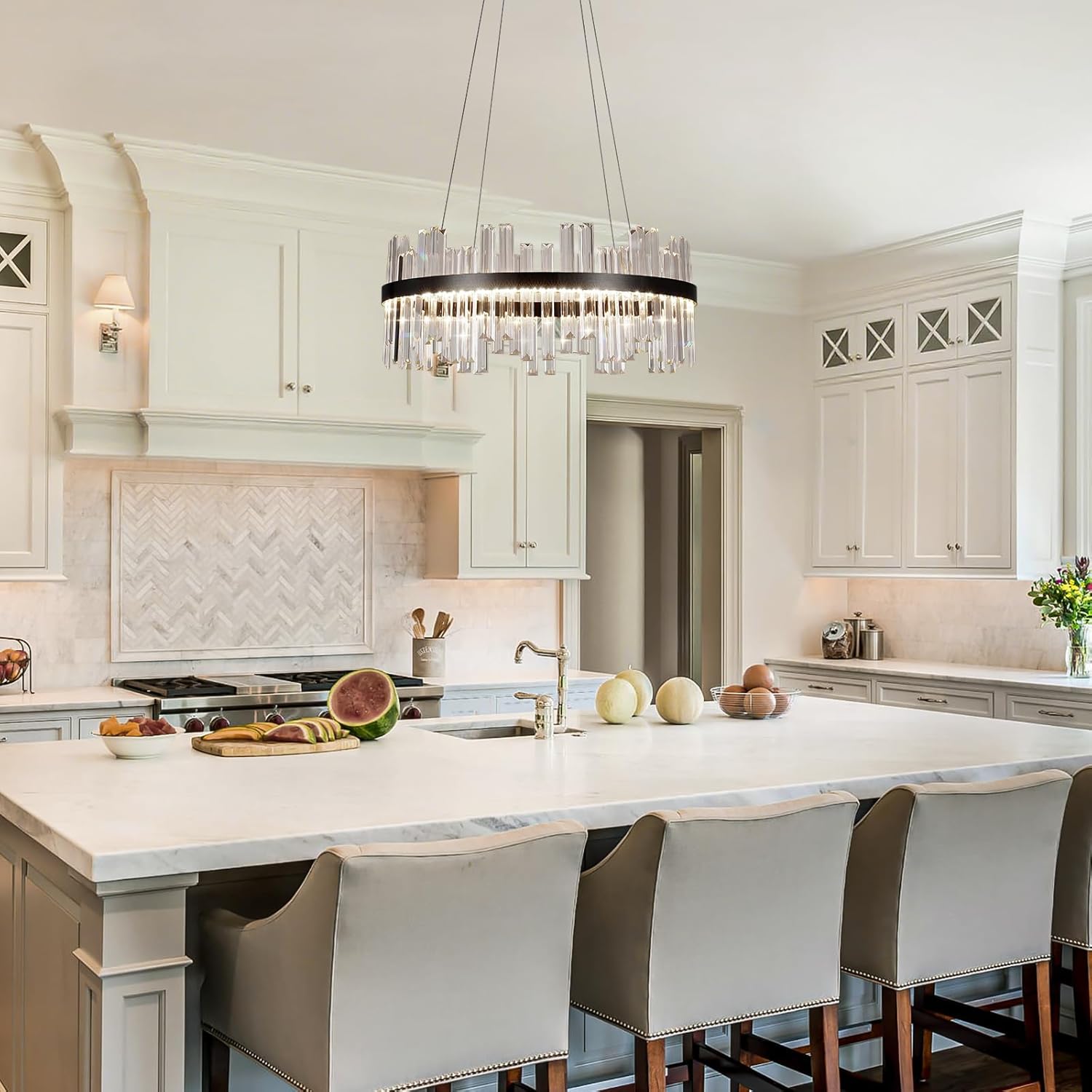 Black Modern Led Crystal Chandelier: 23.6" Round Contemporary 3 Color Dimmable Dining Room Light Fixture over Table - Adjustable Lighting Chandeliers for Bedroom Living Kitchen Island Entryway Foyer