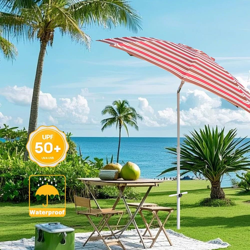 200 cm Parasol Plażowy z Pochylanym, Czerwony Paskowany Parasol Ogrodowy, Przenośny Składany Parasol Tarasowy, Regulowana Wysokość, Aluminiowy Drążek