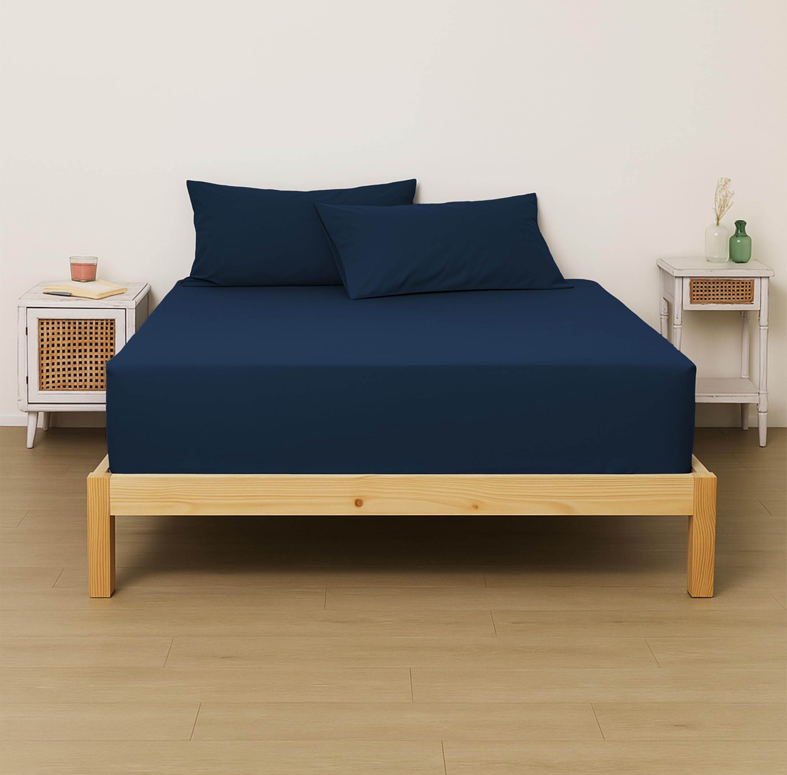 LINENWALAS 100% Cotton Percale Fitted Bed Sheet with Pillow Cover | Soft, Cool & Crisp Hotel Quality Elastic Bedsheet | Single Bed Size - 300 TC (36x78 Inches, Navy Blue)