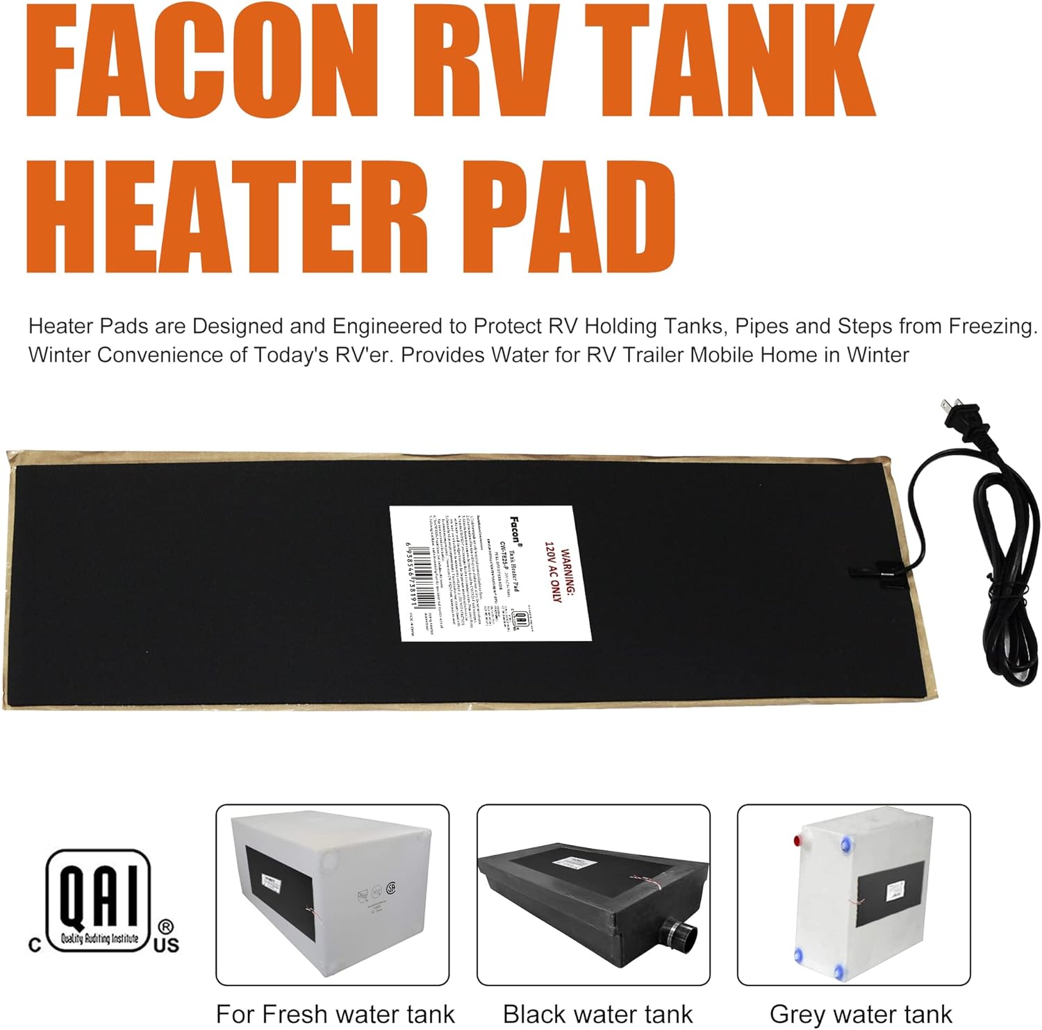Facon 8.0"x25" RV Tank Heater Pad with 2-Prong Plug, Up to 50 Gallons Fresh Water/Grey Water/Black Water Holding Tank Heating Pad with Automatic Thermostat Control, 120V AC