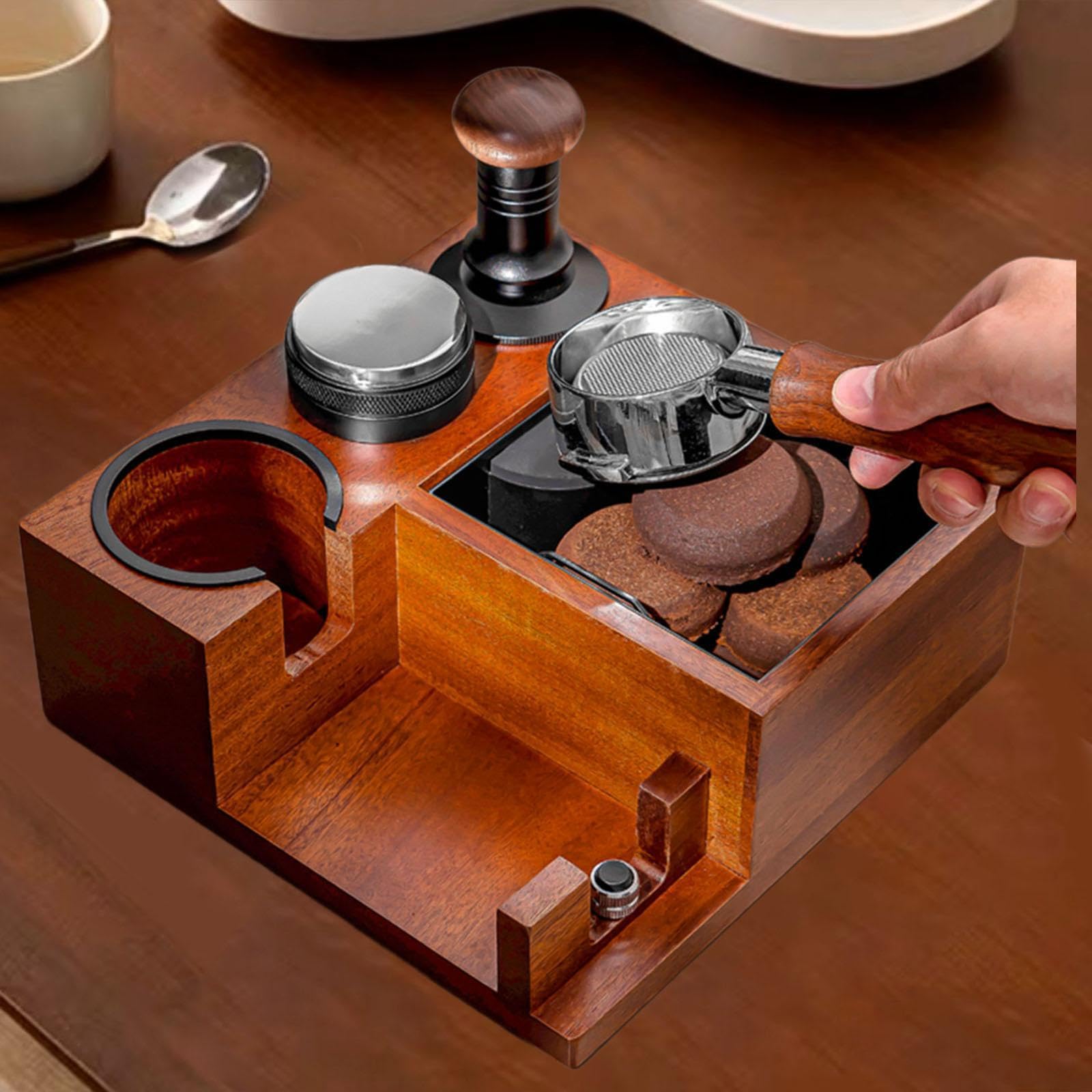 Espresso Boîte à Station Tamper Distributeur Accessoires Organisateur en Bois PP Fer Silicone Antidérapant Réglable Adapté à