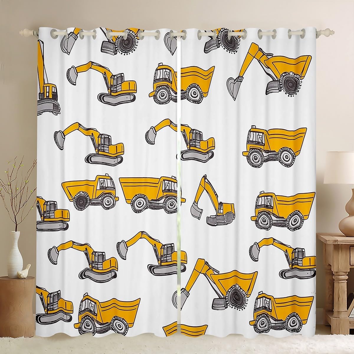 Manfei Construction Window Curtains Excavator Transport Vehicle Window Drapes, Cartoon Cars Window Treatments, Kids Boys Teens Room Decor, Grommet Top 2 Panel Set Bedroom Curtains, 38Wx45L inch