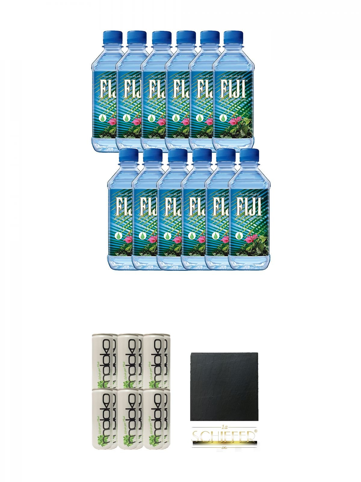 Fiji Wasser von den Fiji-Inseln 12 x 1,0 Liter + Moloko Softdrink 12 x 0,25 Liter + Schiefer Glasuntersetzer eckig ca. 9,5 cm Durchmesser