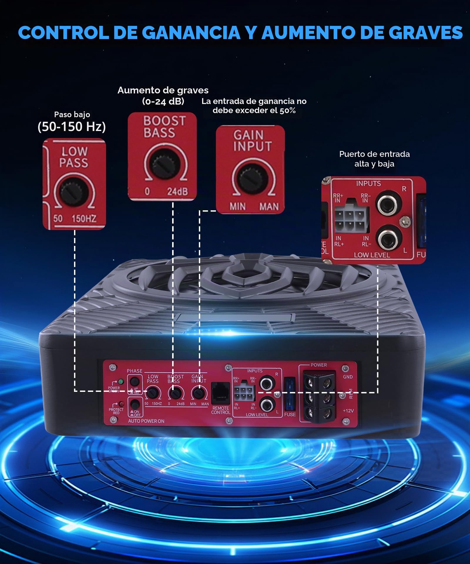 Hodozzy 1200W Subwoofer Activo para Coche 10 Pulgadas,Conjunto de Subwoofer y Amplificador Ultraplano de Alta Potencia para Debajo del Asiento con Luz RGB Sincronizada con el Ritmo,Patrón de araña