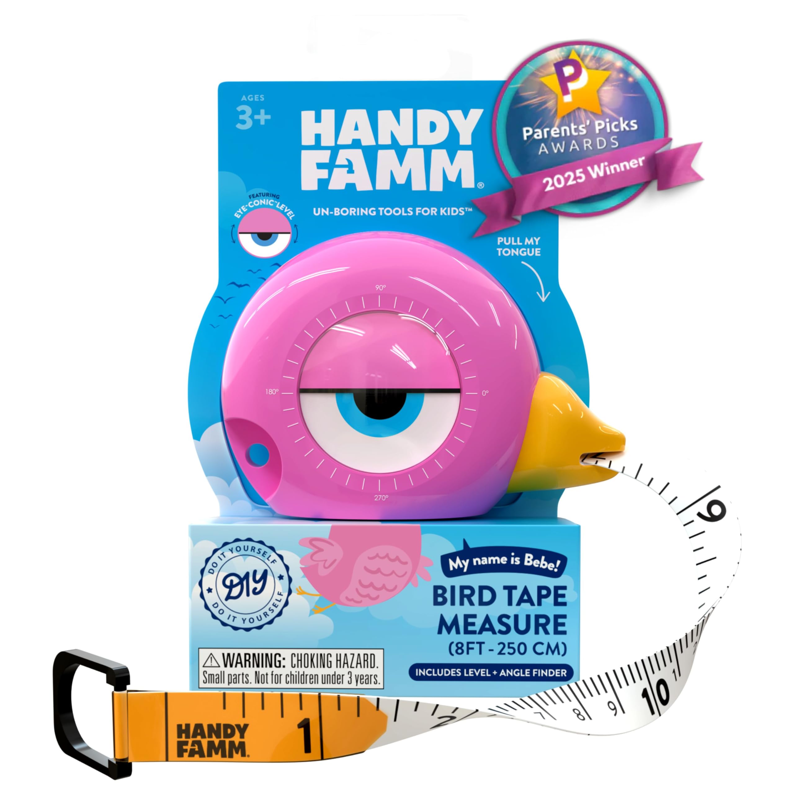 Handy Famm 8ft Pink Bird Tape Measure for Kids – STEM Educational Tool with Level, Protractor, Retractable Design - DIY Construction Toy, Child-Safe Measuring Tapes, Gift for Boys & Girls 3+