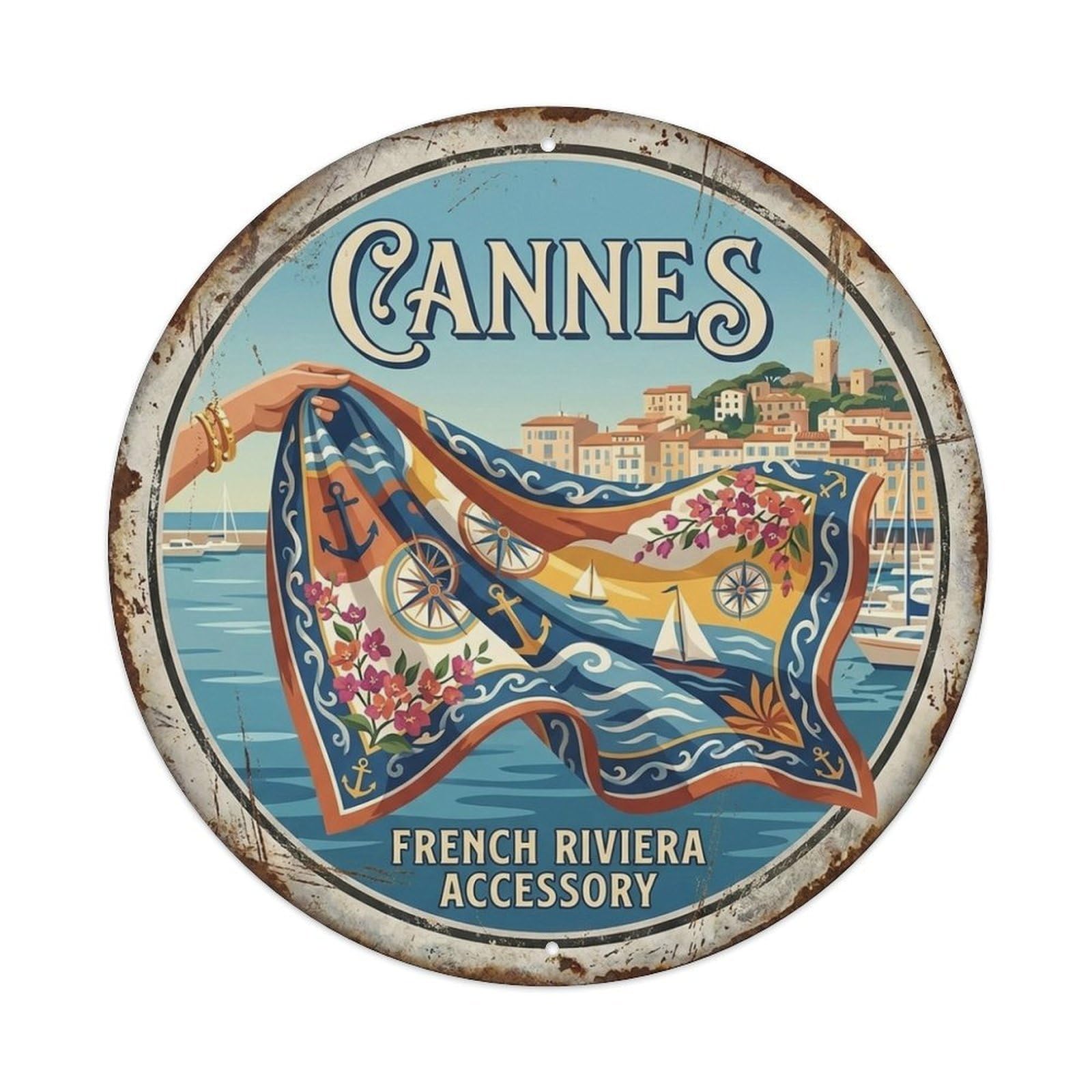 Cannes Silk Scarf French Riviera Culture Travel Vintage Metal Tin Sign