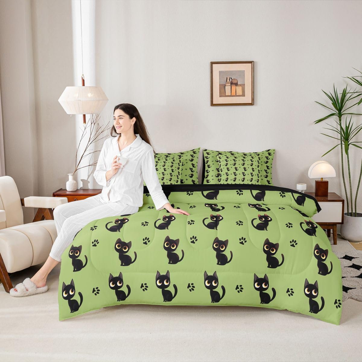 Cute Black Cat Twin Size Comforter Set with Sheets for Kids Boys Girls (Green Black) - Funny Cute Kitten 7-Piece Bedding Set Cartoon Black Cats Bed in a Bag Kawaii Cat Paw Print Bed Quilt Sets