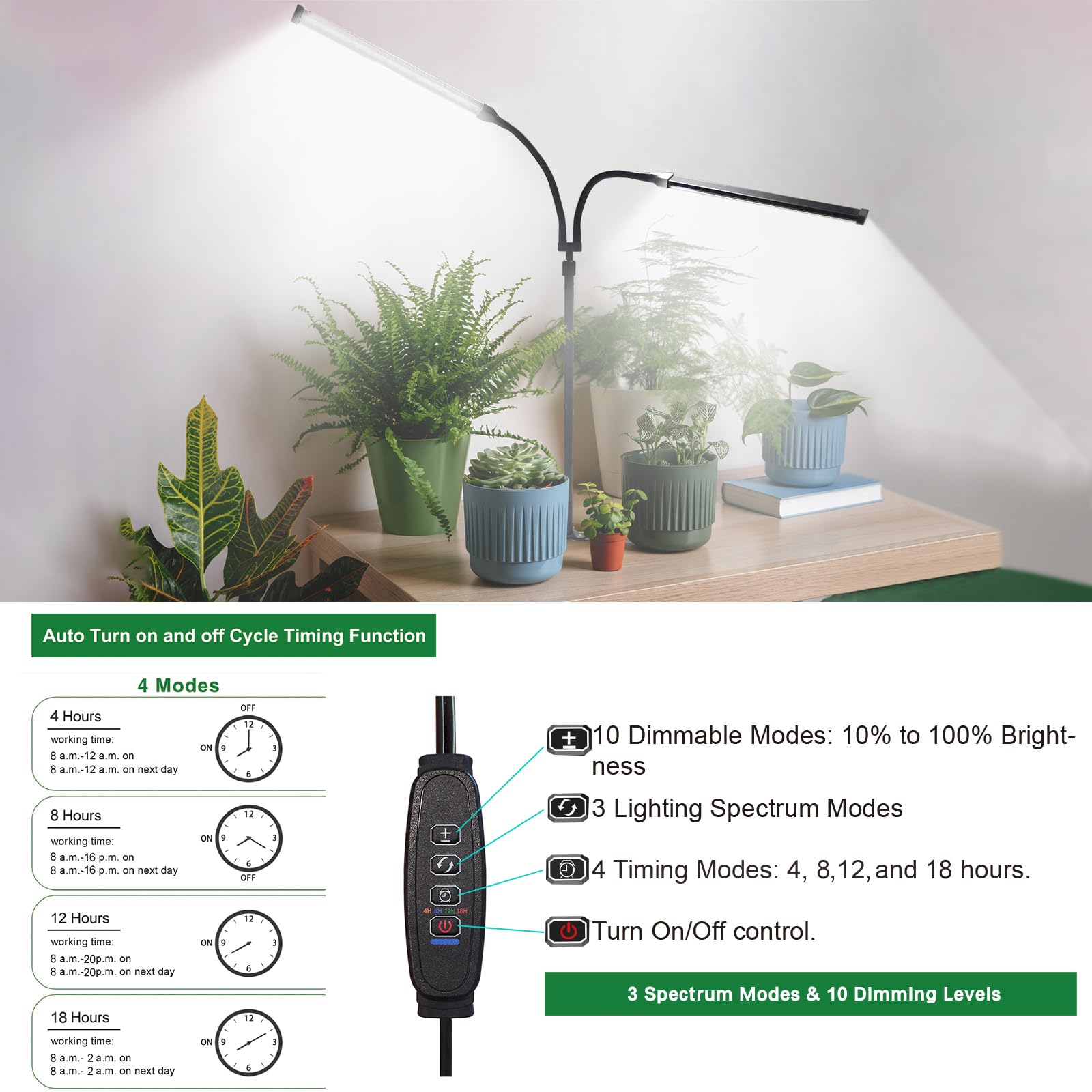 Lampes de croissance professionnelles 2025 pour plantes d'intérieur, spectre complet 6000 K, 126 LED, hauteur réglable (33 à 96 cm), 3 modes de spectre + 10 gradations avec minuterie de 4/8/12