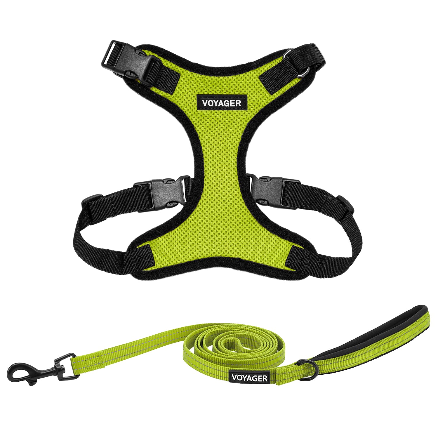 Voyager Step-in Lock Dog Harness w Reflective Dog Leash Combo Set with Neoprene Handle 5ft - Supports Small, Medium and Large Breed Puppies/Cats by Best Pet Supplies - Lime Green/Black Trim, XS