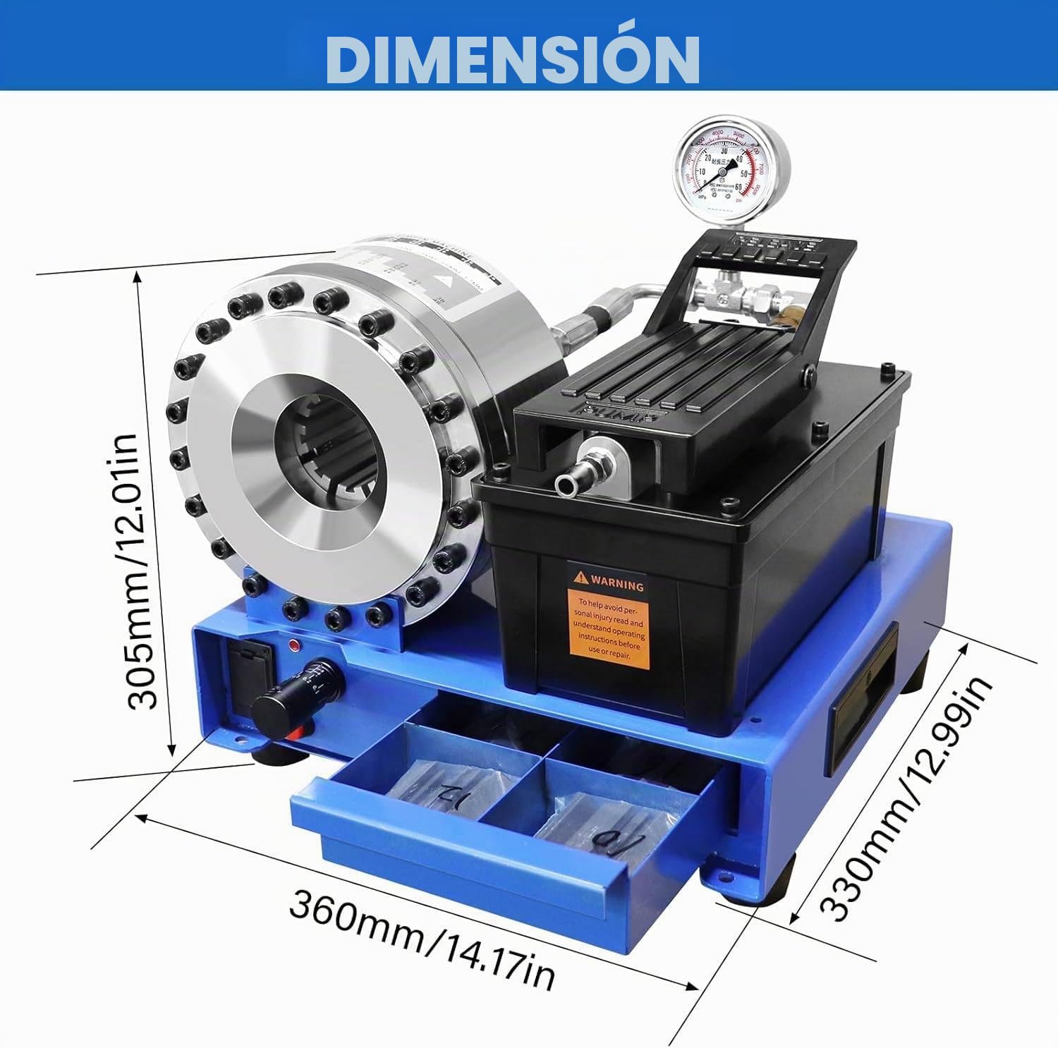 Engarzadora electrohidráulica Profesional para mangueras con Juego 8 Matrices: presión del sistem-a 40 MPa y Fuerza engarzado 95 toneladas para automoción, excavadoras y maquinaria agrícola