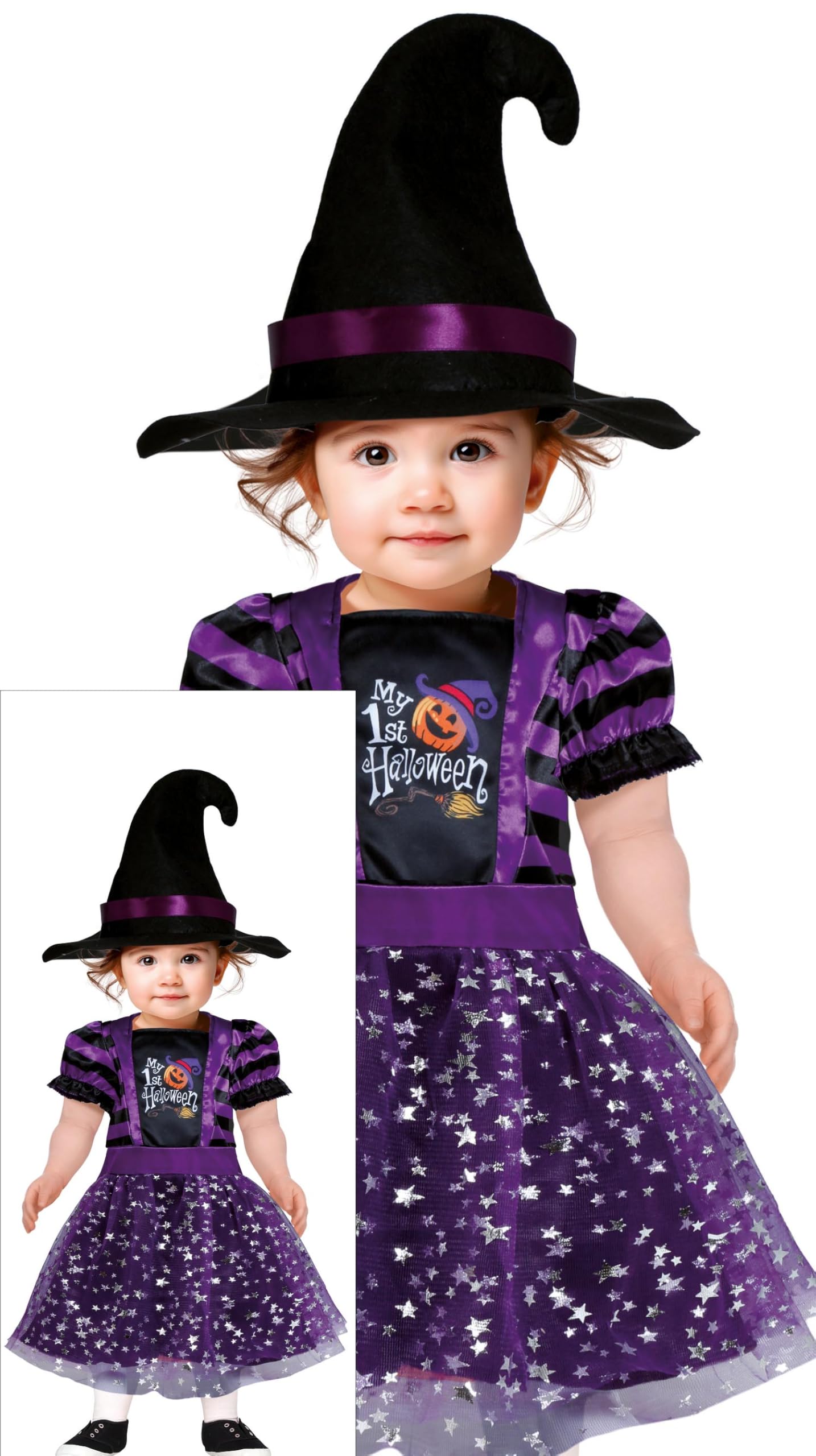 FIESTAS GUIRCA Mi primer disfraz de brujita lila de Halloween para bebé, disfraz para niña pequeña, incluye gorro de bruja para bebé