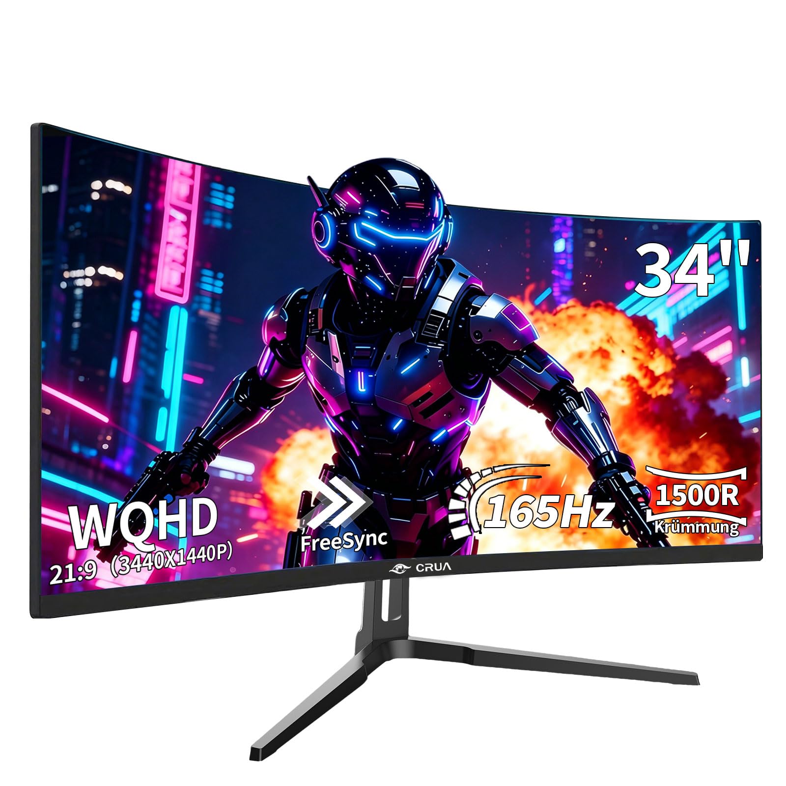 CRUA 34 Inch 165Hz Ultrawide Gaming Monitor,1500R Curved Screen 21:9 with HDR10 & FreeSync,Built-in Crosshair & RGB Ambient Lighting,HDMI 2.1/DP 1.4 Ports,Ideal for Gamers & Multimedia Professionals