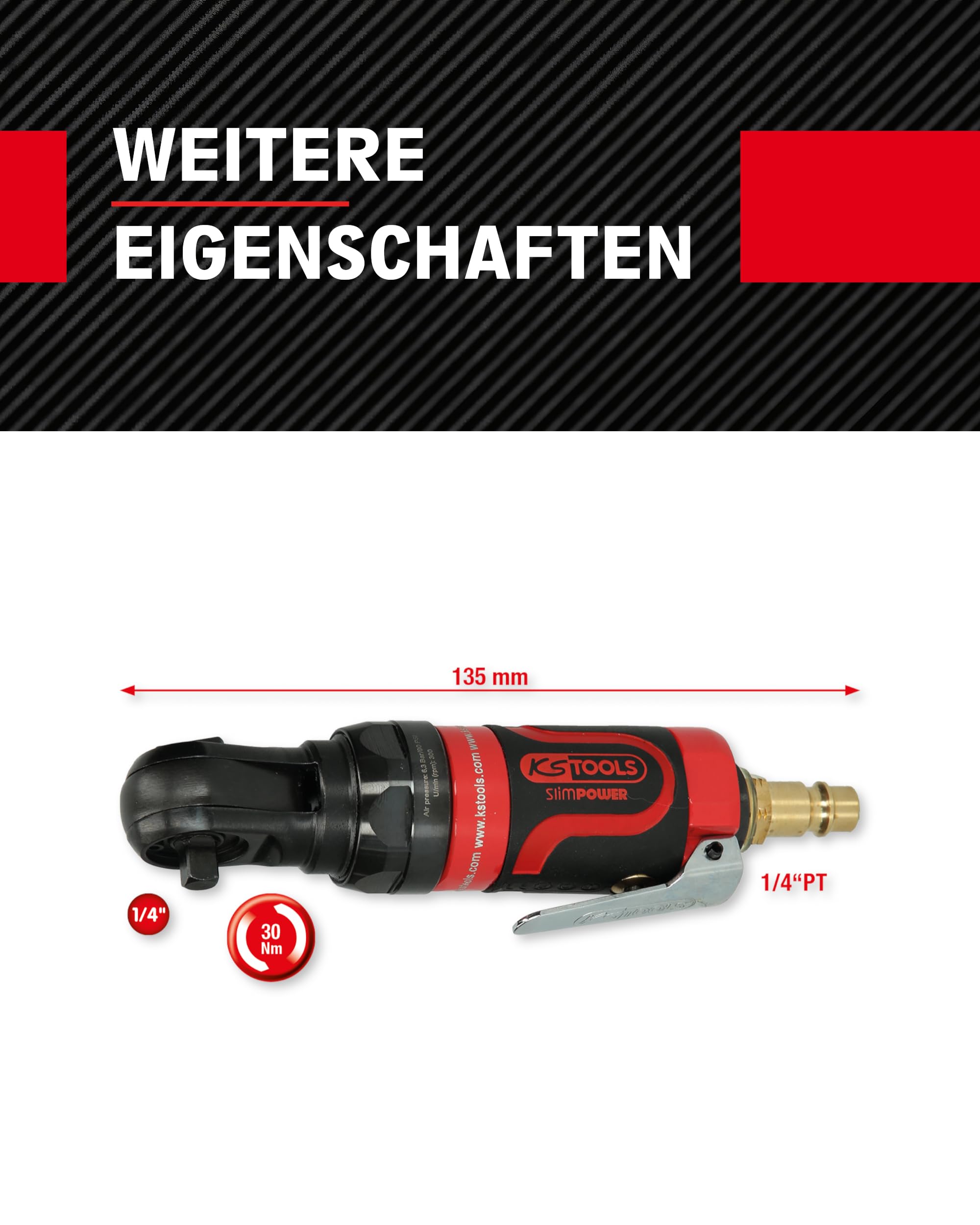 KS Tools Mini Druckluft Ratsche 1/4" SlimPOWER 515.5505 I Umschaltratsche mit Vierkantantrieb nach DIN 3120 / ISO 1174 mit Kugelarretierung I 3-fach Verzahnung I 30Nm