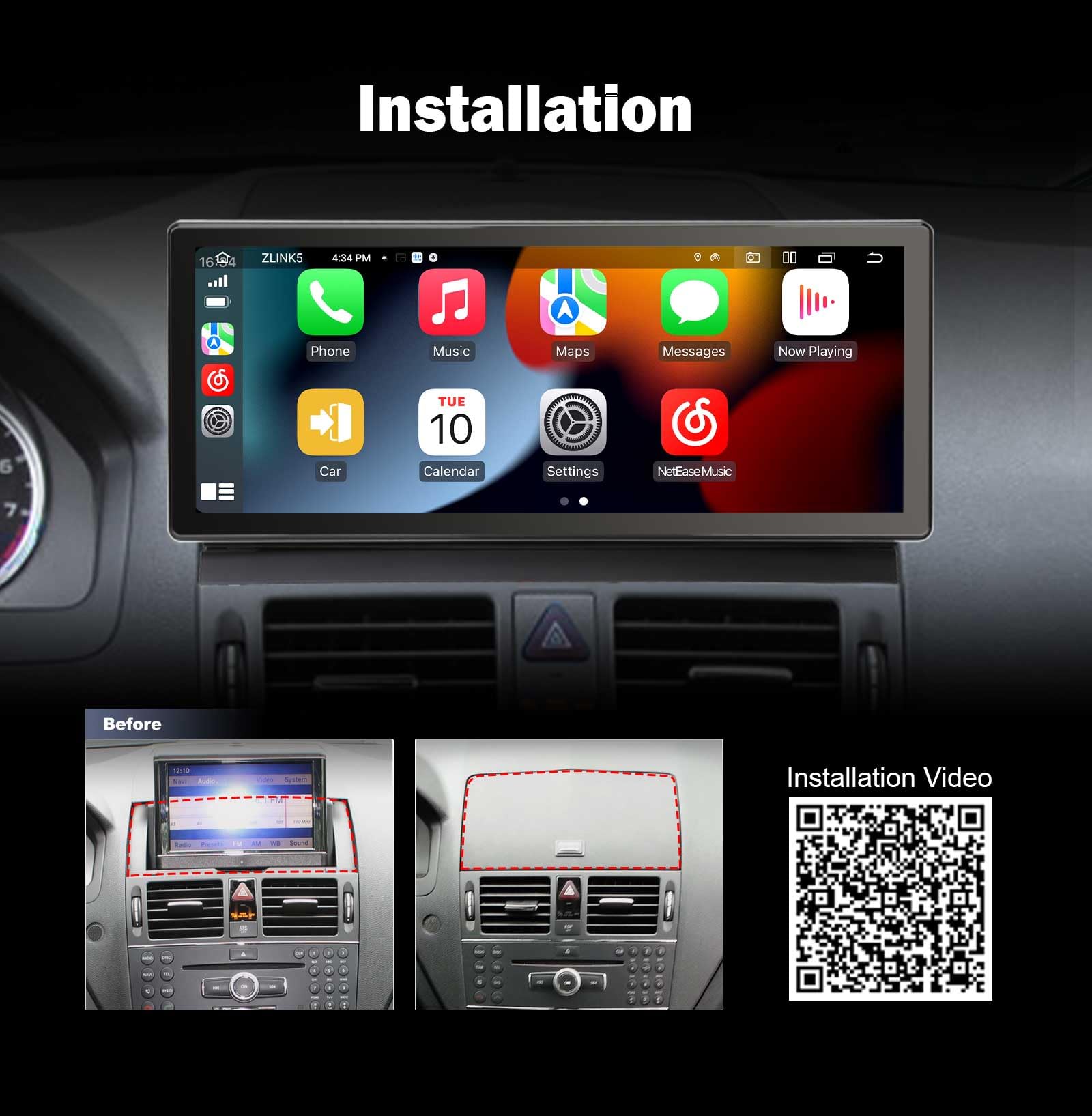 10.25" Android 16 Snapdragon 8 Core Autoradio GPS Navigateur Stéréo pour Mercedes Benz C-Class W204 S204 système NTG 4.0, GPS Navigateur Wireless Carplay IPS Écran Tactile WiFi 4G Dab+ Bluetooth 5.0