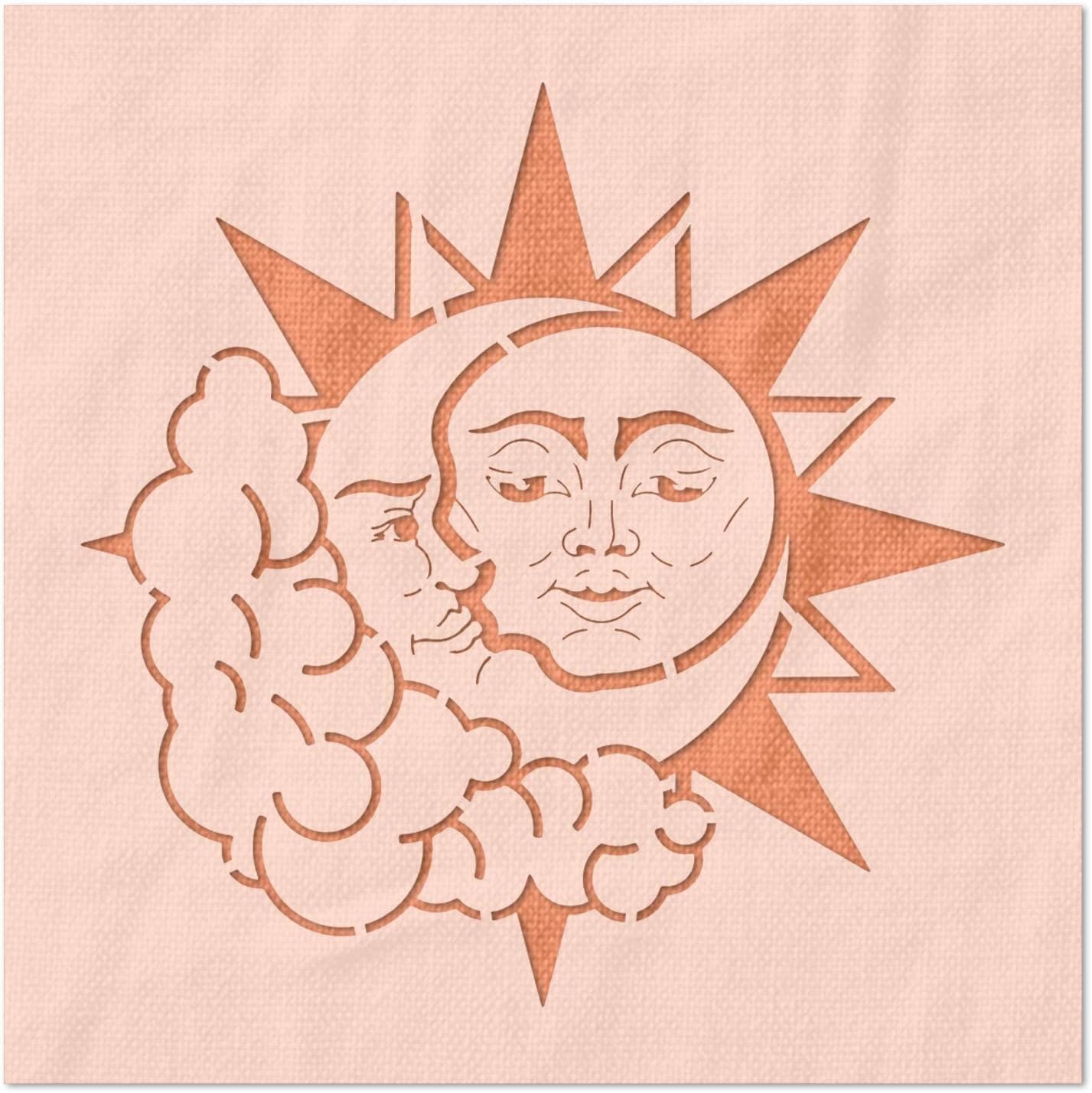 Stencil Stop Sun and Moon with Faces Stencil - Reusable for DIY Projects, Painting, Drawing, Crafts - 14 Mil Mylar Plastic (18 x 18 inches)