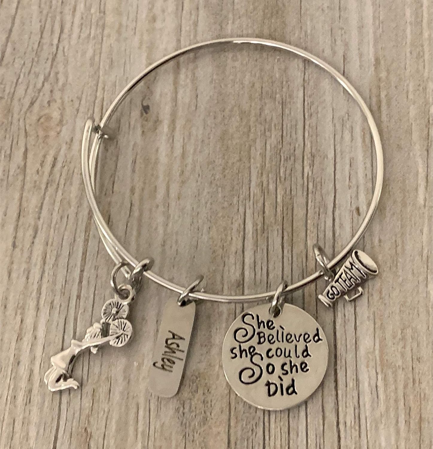Infinity Collection - Personalized Cheer Bangle Bracelet with Engraved Name Charm - Custom "She Believed She Could So She Did" Cheer Jewelry - Image 2