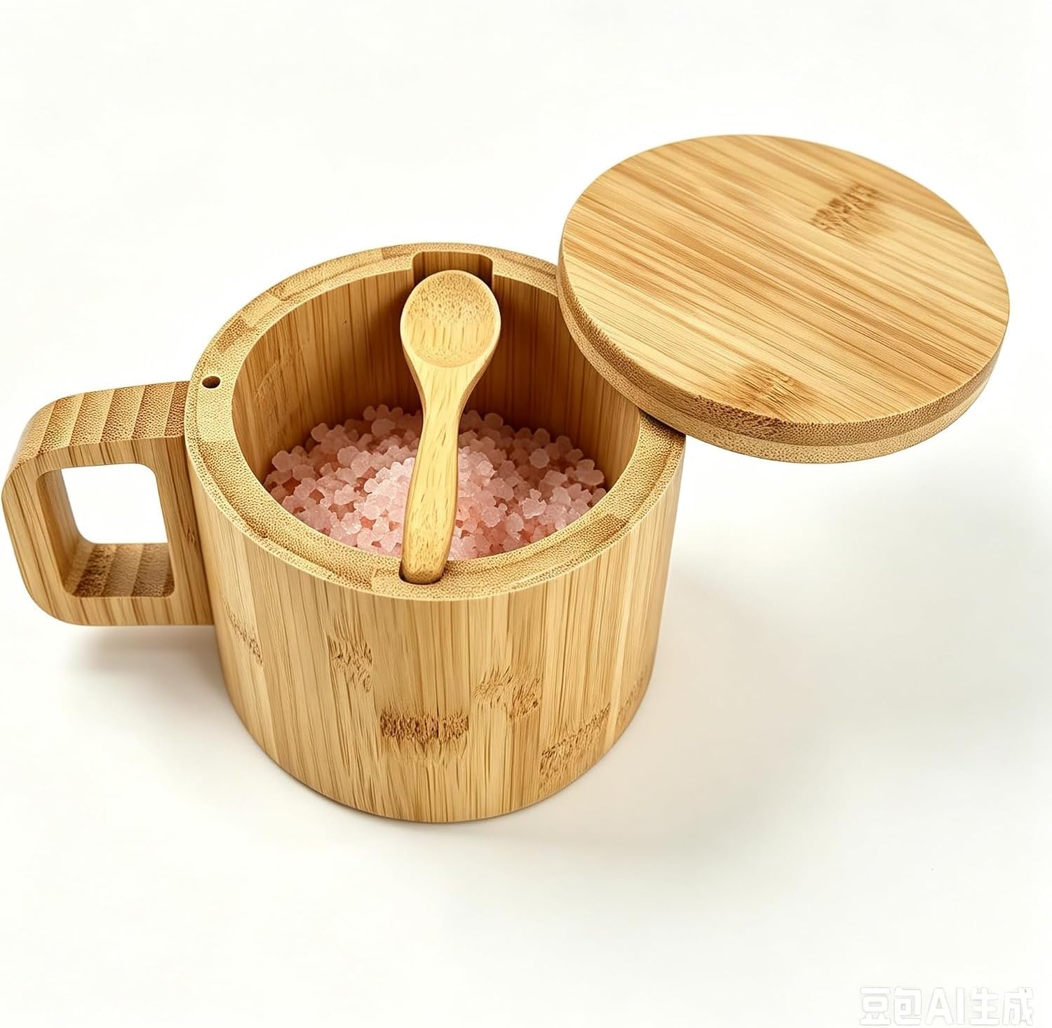 Bamboo salt cellar with handle magnetic swivel lid and spoon