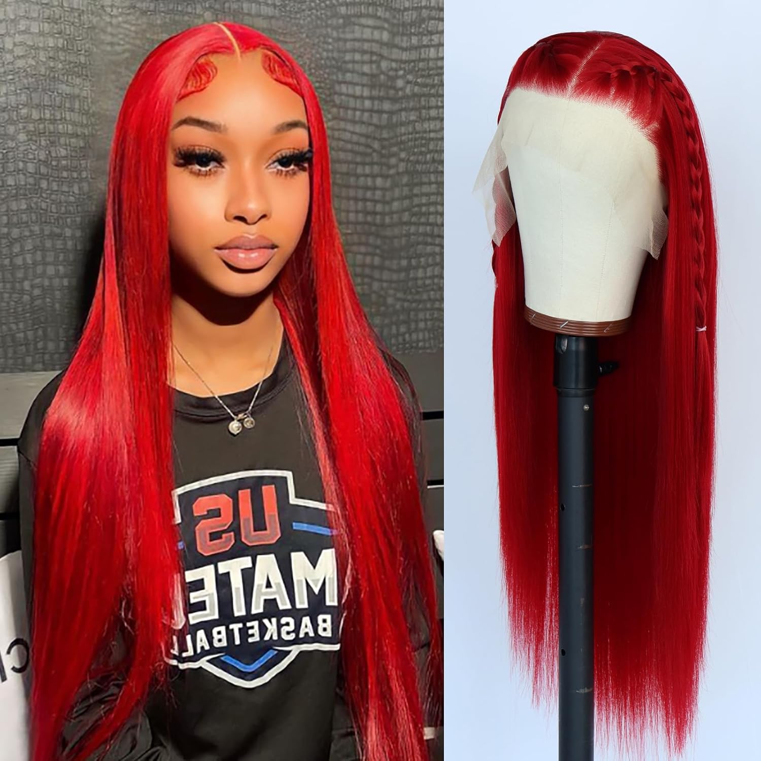 13x6 Red Synthetic Lace Front Wigs Long Straight Hair Red Color Wigs Pre Plucked Wig Natural Hairline Glueless Lace Wigs Heat Resistant Fiber Hair Synthetic Lace Front Wigs for Women Daily Use