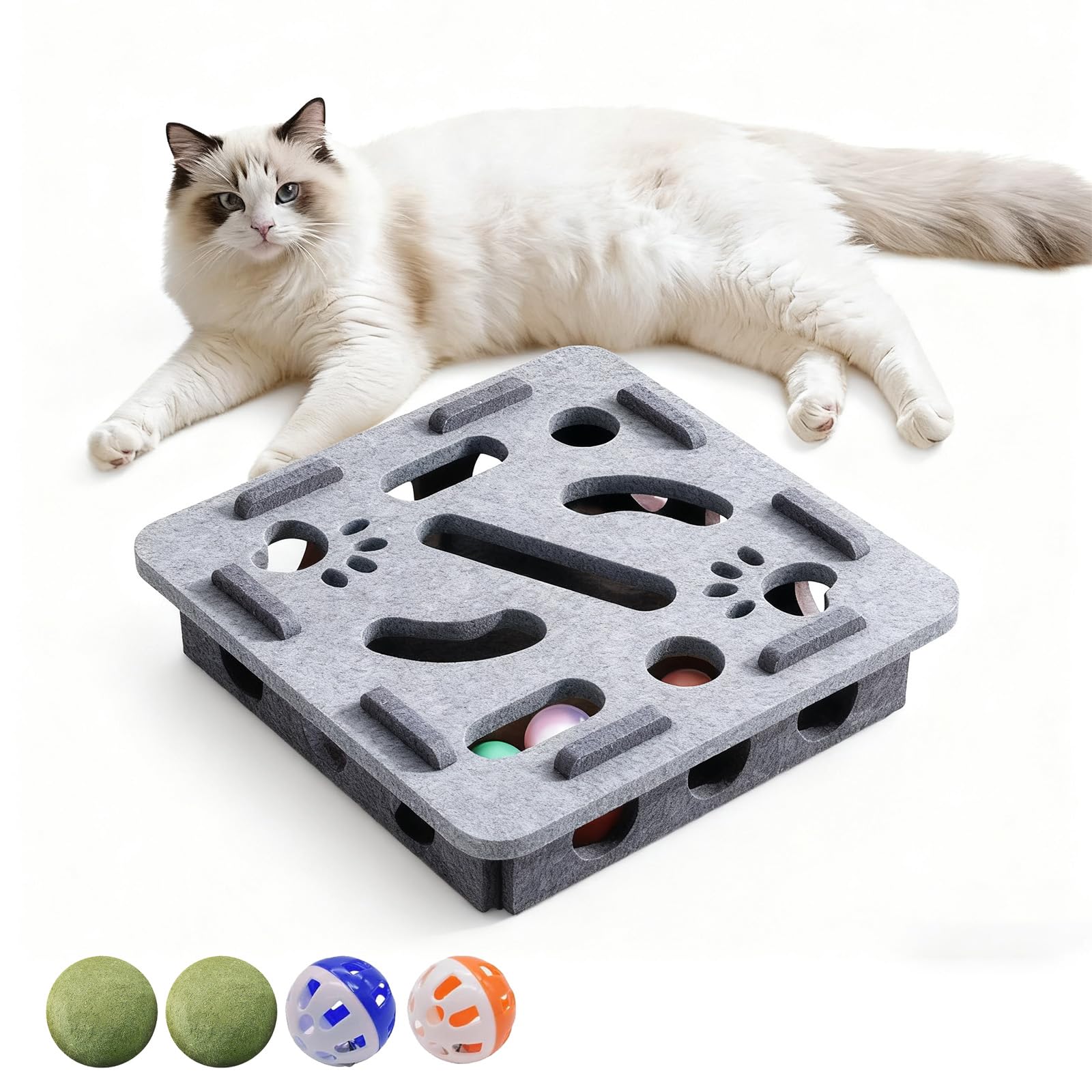 Cat Nail File Enrichment Box, Upgraded Cat Nail File Scratcher with Bell Balls, Cats Scratch Puzzle Enrichment Box: Nail File Stress Free Alternative to Clippers and Grinders (Square-Grey, Finished)