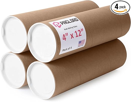 4" x 12" Reinforced Kraft Paper Mailing Tubes, Pack of 4 Tubes with 2 Caps Each – USPS Approved Poster Tube – Made in USA Cardboard Tube for Shipping and Storing Posters, Prints, Artwork, or Documents