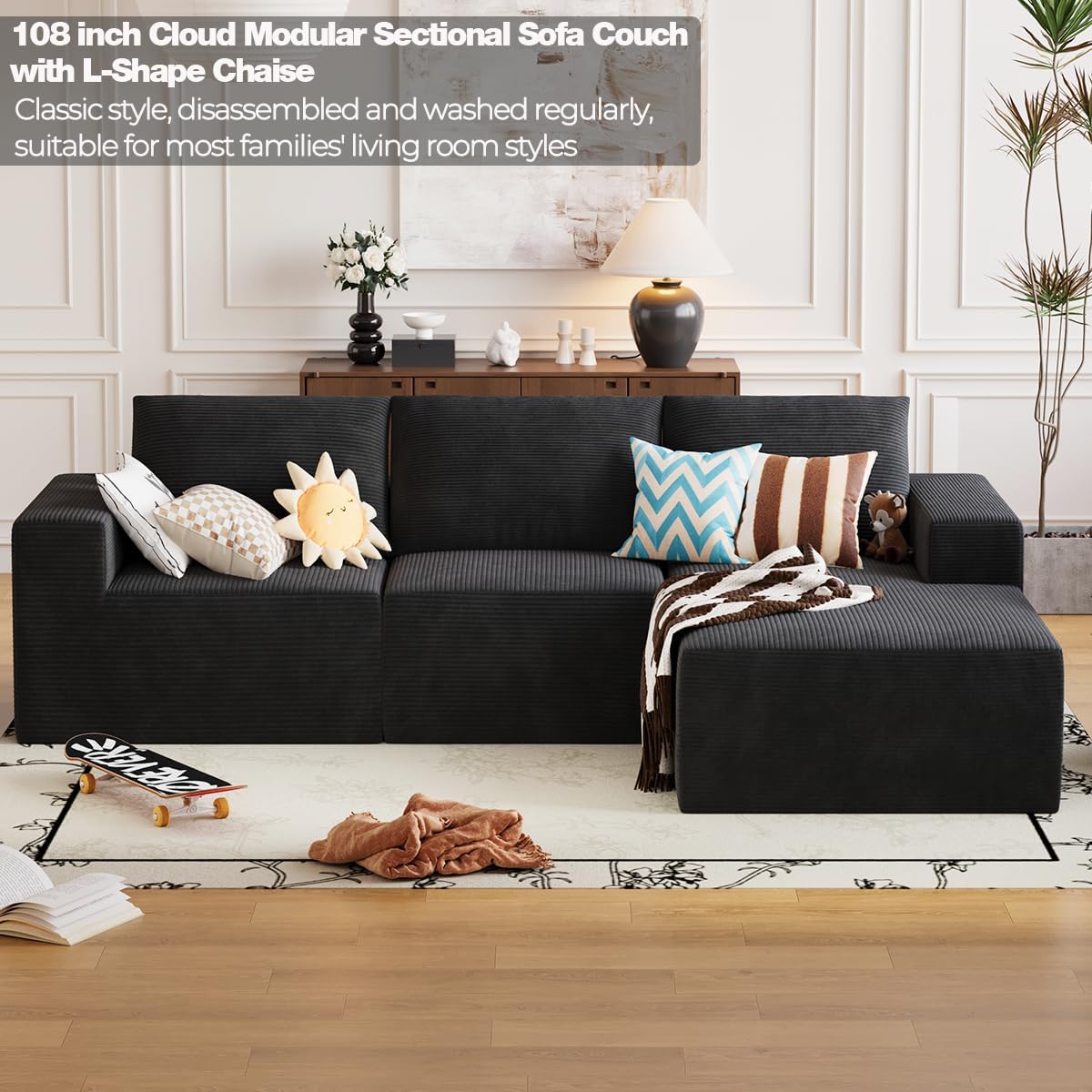 Boneless 2 in 1 Cloud Modular Sectional Sofa,108" Living Room Modern Minimalist L-Shape Couch with Deep Seat Chaise,No Assembly Required (1/Black, 2 Seater+Left Facing Chaise(2in1))