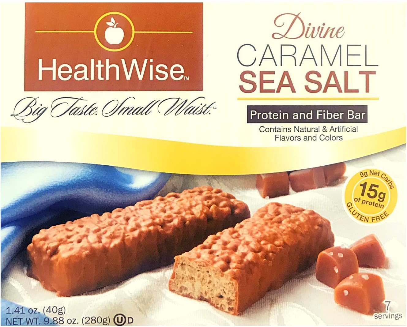 Healthwise - Divine Caramel and Sea Salt | Gluten Free Diet Snack Bars | Hunger Control and Appetite Suppressant High Protein, Low Fat, Chol Free, Low Net Carbs, High Fiber (7 Bars)