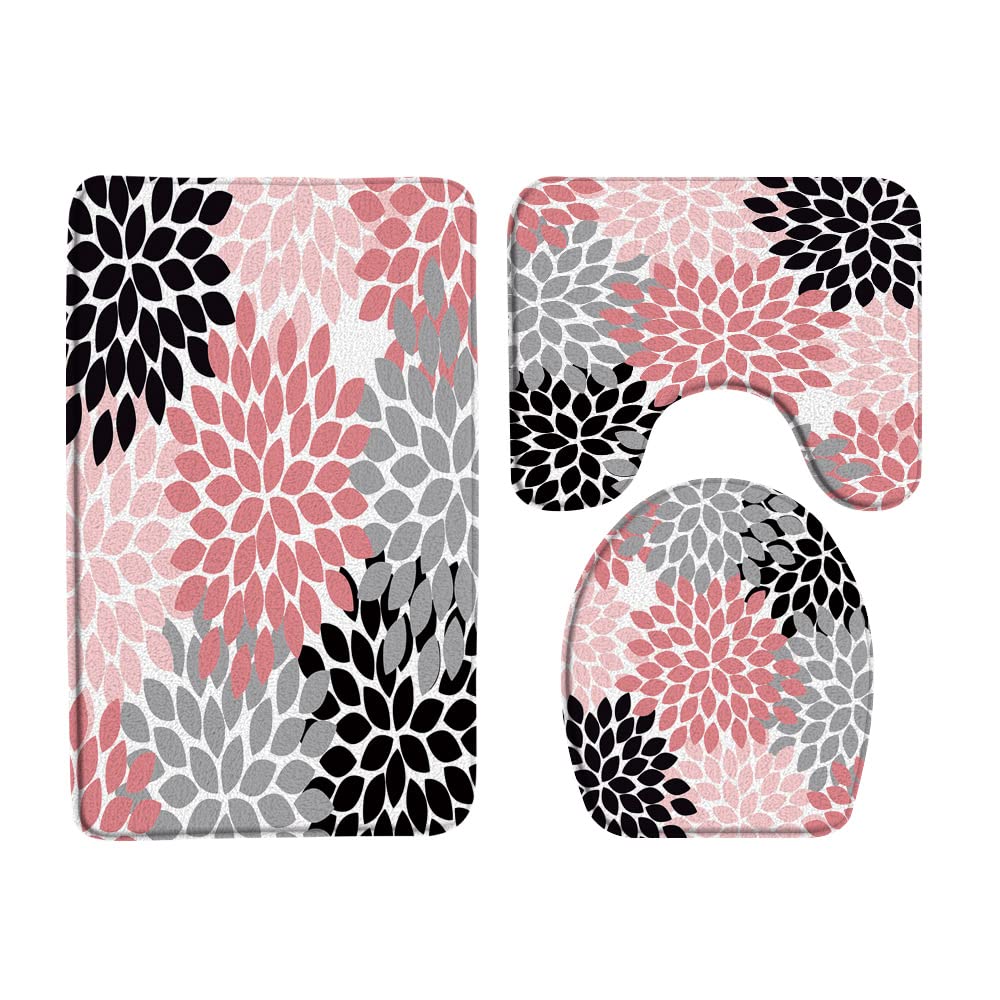 AMFD 3 Pieces Bath Rugs Dahlia Pinnata Floral Black Gray Coral Pink Flower Pattern Unique Modern Bathroom Microfiber Memory Foam,16x24 Inch Bath Mat