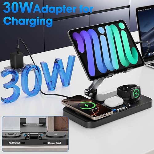 Miniatura 3 de Cargador inalámbrico 6 en 1 para dispositivo Apple, carga plegable con cable de 30 W para iPad con reloj y luz ambiental de 7 colores, estación de