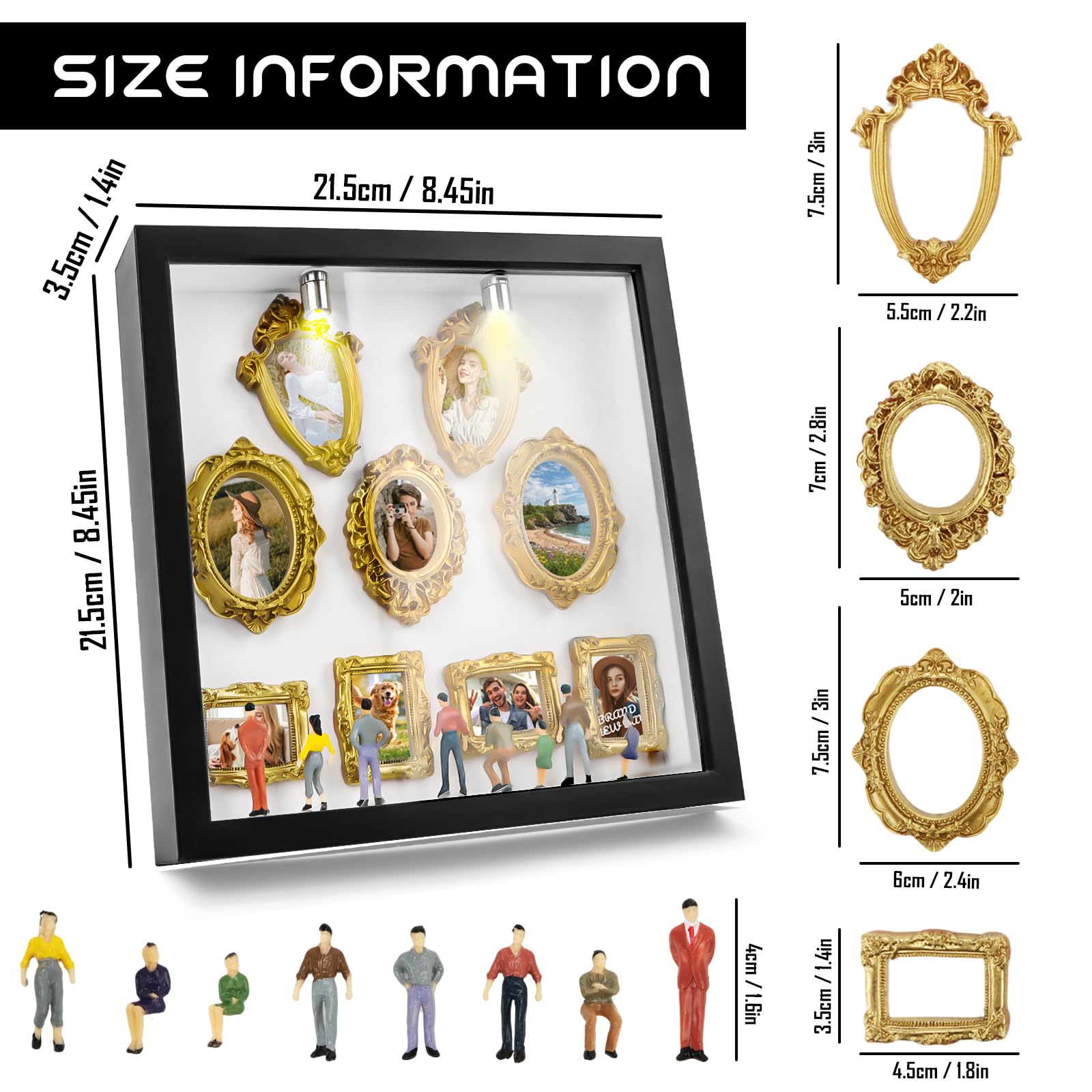 Mini boîte de silhouette de musée DIY avec 8 mini cadres dorés et 8 figurines aléatoires, cadre photo créatif avec lumière LED pour anniversaire, mariage, décoration de la maison