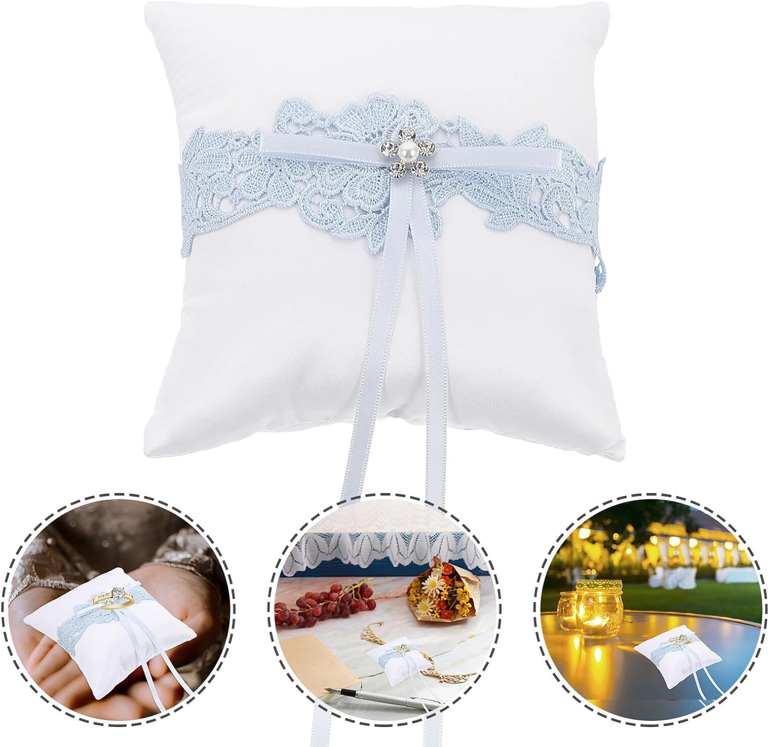 Blue Lace Bowknot Ring Pillow Wedding Ring Bearer Cushion Bridal Ceremony Supply with Ribbon Decor