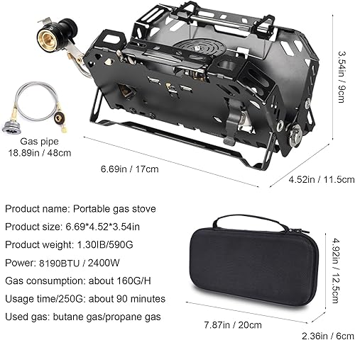 Miniatura 8 de Estufa portátil de butano para acampar 8190BTU Estufa de butano Peizo Click Ignition con bolsa de transporte Adaptador de isobutano Manguera