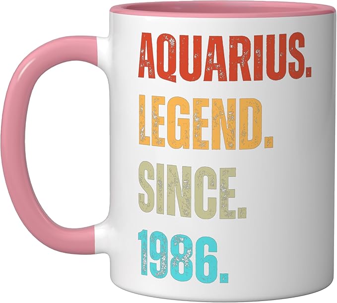 Aquarius Legend Since 1986 Retro Zodiac Sign Birthday Ceramic Mug, Pink/White