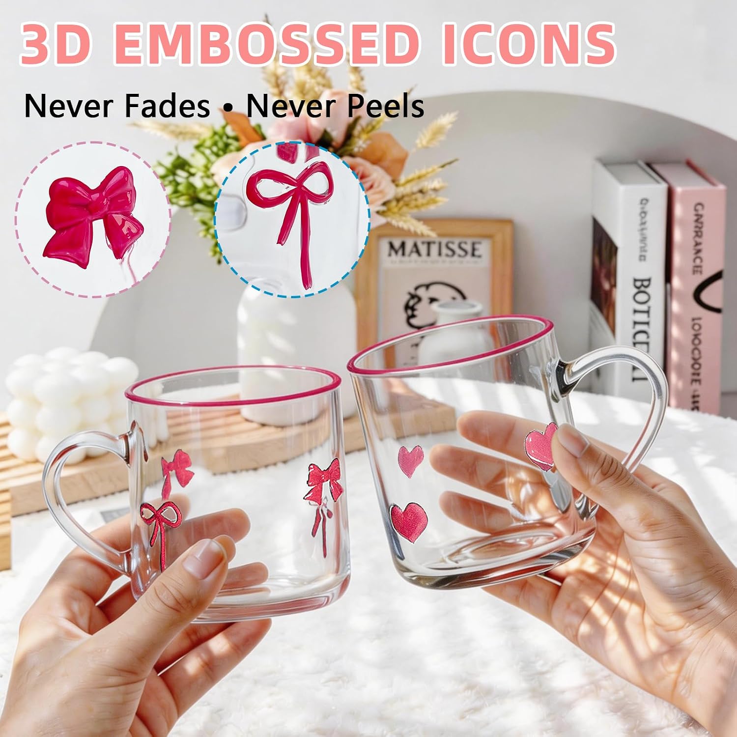 Pimf 2Pcs Heart & Bow Icon Juice Glasses, Cute Drinking Glasses with Handle