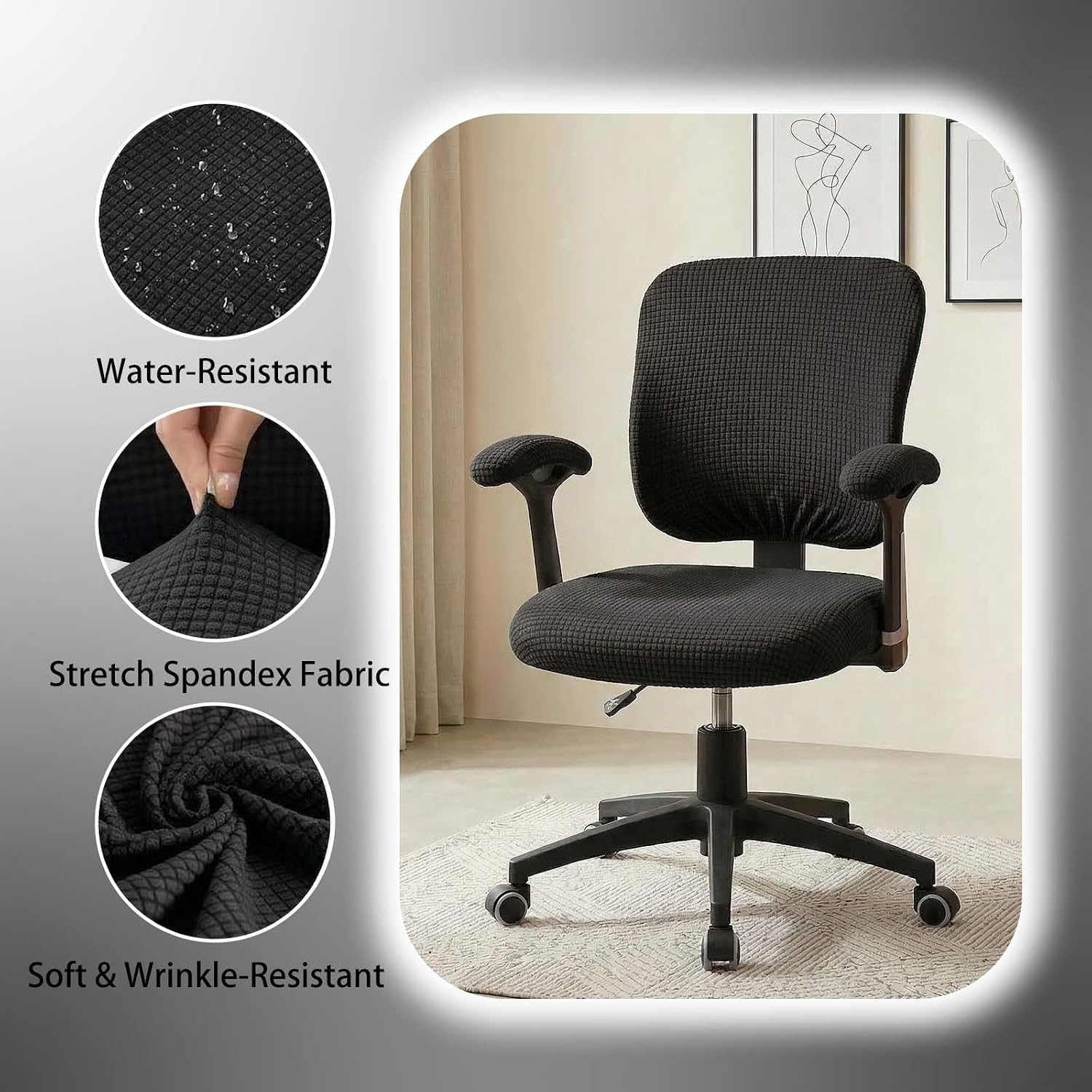 4 Pieces Office Chair Cover Set - Polyester Elastic Seat & Back Slipcovers with 2 Armrest Pads, Computer Universal Protective Chair Seat Covers, Office Decor for Women(Black)