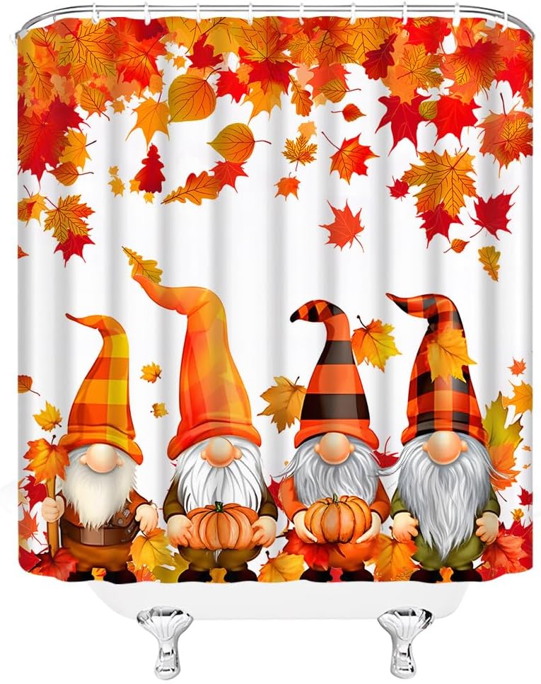Autumn Gnome Shower Curtain Maple Leaves Fall Harvest Thanksgiving Pumpkin Farmhouse Bathroom Curtain Fabric with Hooks(90" Wx70 H)
