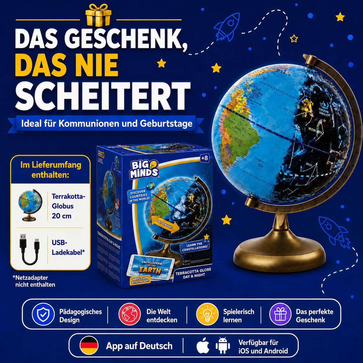 BIG MINDS - Globus Kinder Auf Englisch | Kinder Globus | Kinderglobus Beleuchtet Mit LED-Licht | Kinderglobus Mit Nachtmodus & Tag-modus | Interaktiver Globus Inklusive App