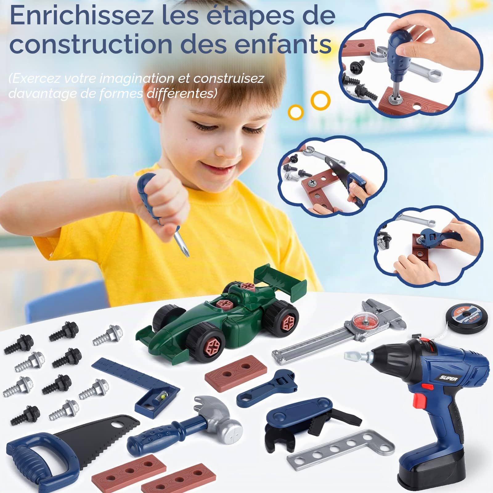73 Pièces Jouet Outil pour Enfants, Outils de Construction et Accessoires, malette Outils Enfant, Boite a Outil avec Perceuse Électrique, Outils de Travail Jouet, pour Enfant 3 Ans+