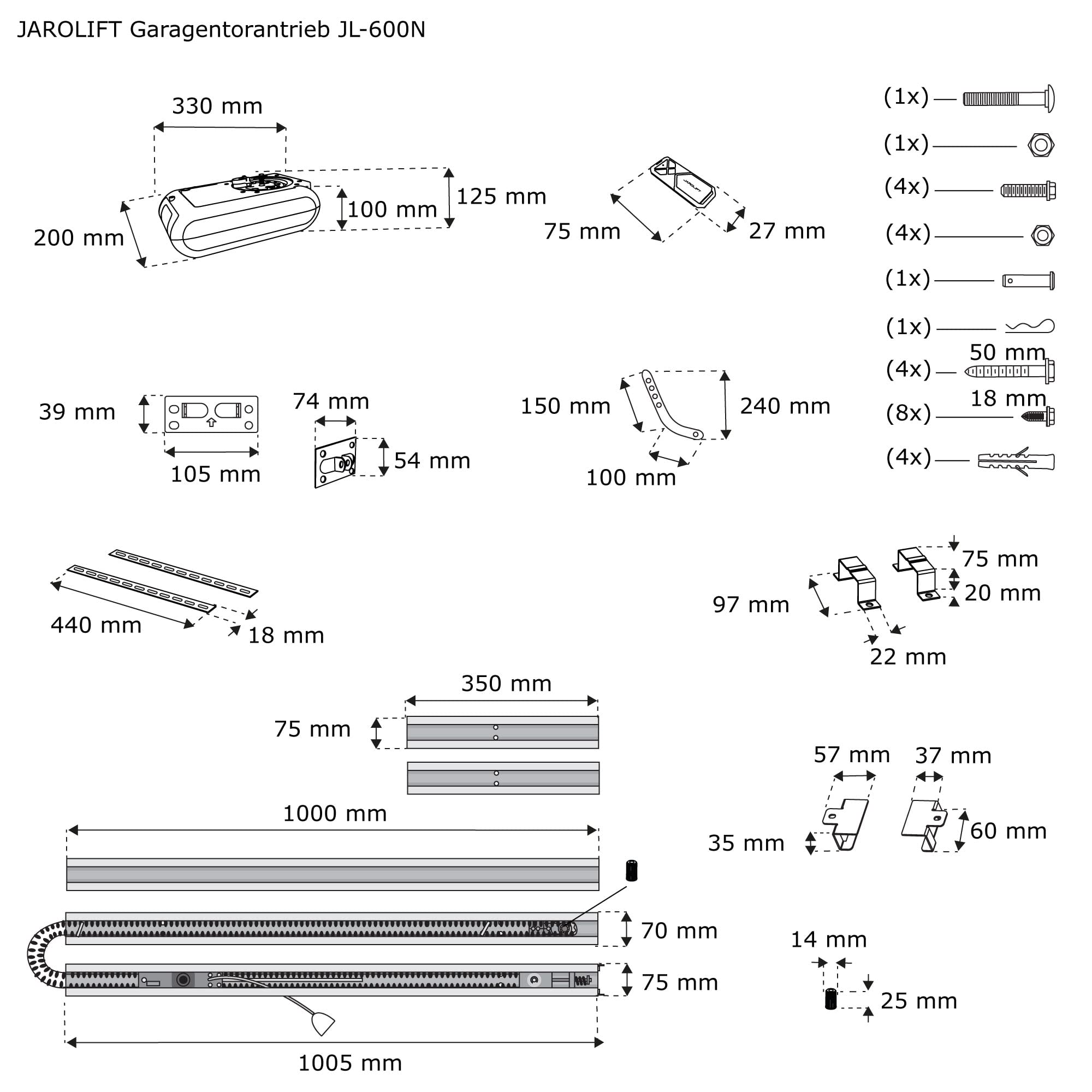 jarolift Garagentorantrieb JL-600N Funk-Antrieb Zugkraft 600 N inkl. 2 x 4-Kanal Funkhandsender JL-TX4-JL, für Tore bis 7,35 m², Soft-Start/Soft-Stopp