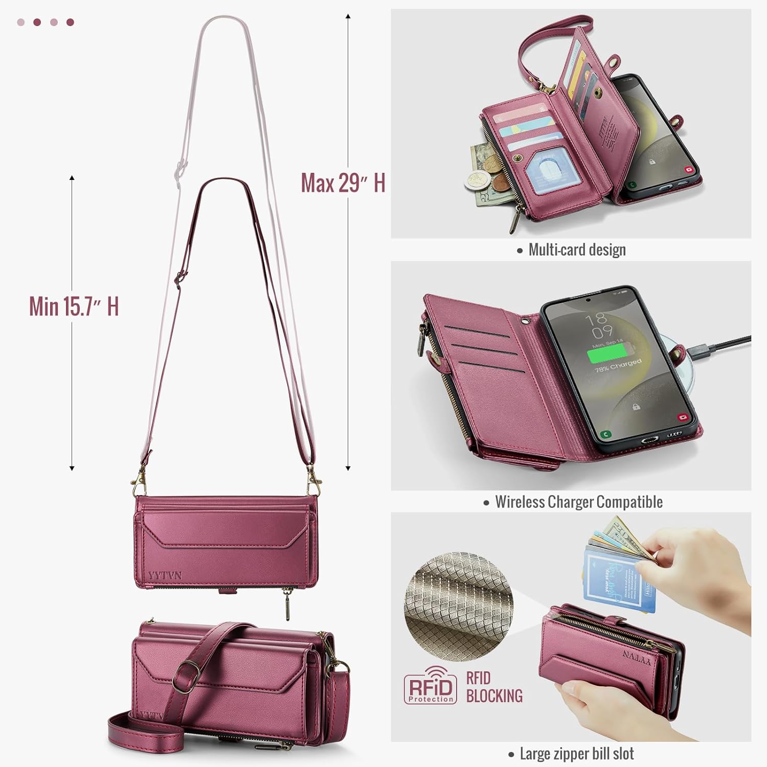 for Samsung Galaxy S24 Plus Wallet Case with Zipper Card Holder & Crossbody Lanyard Strap & Wrist Strap, RFID Blocking PU Leather Magnetic Flip Handbag Purse Case for Galaxy S24 Plus -Red